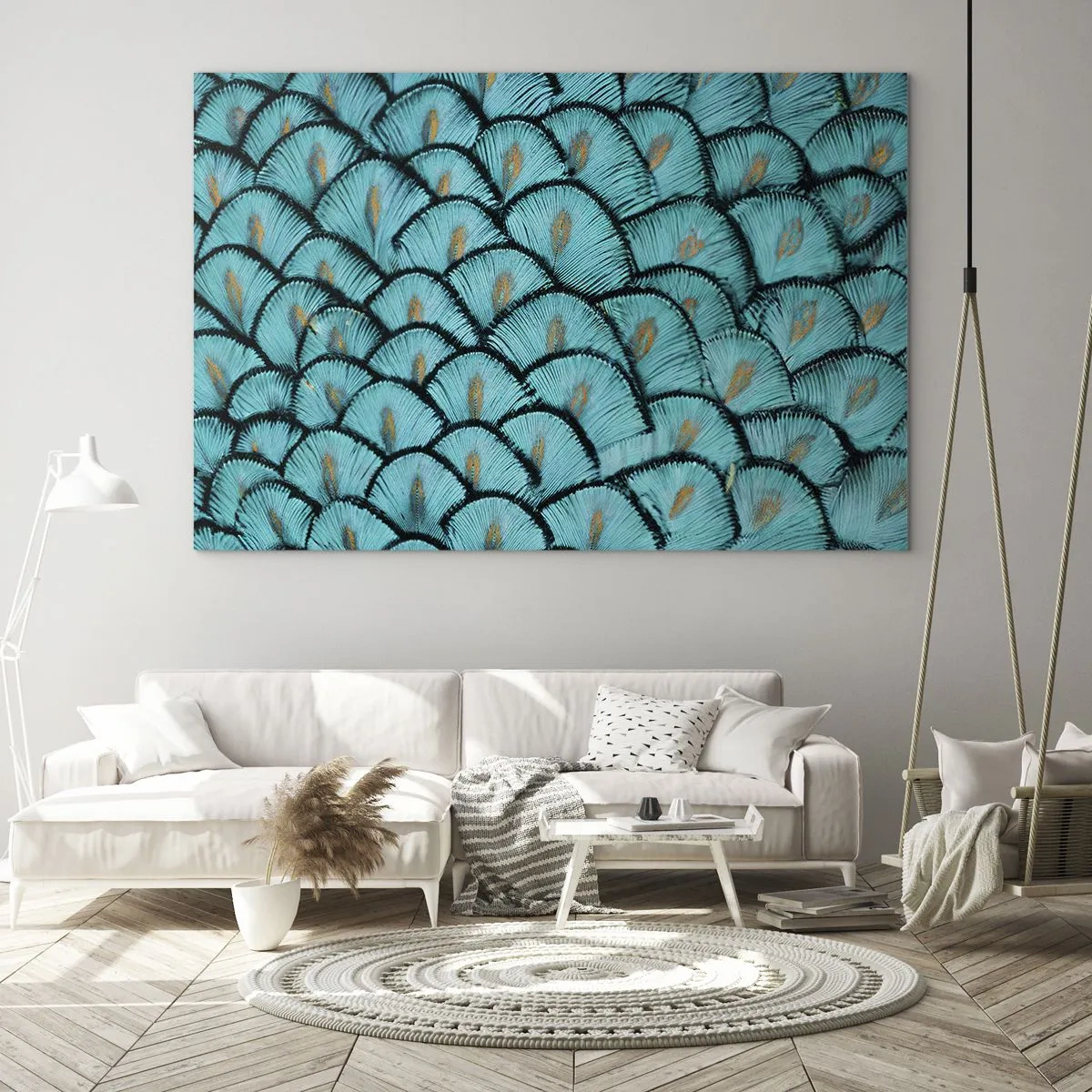 Quadro su vetro - Primo piano di piume di pavone turchesi che formano un motivo decorativo. - 70x50cm - La grande festa delle piume - Decorazione murale moderna per soggiorno e camera da letto ARTTOR
