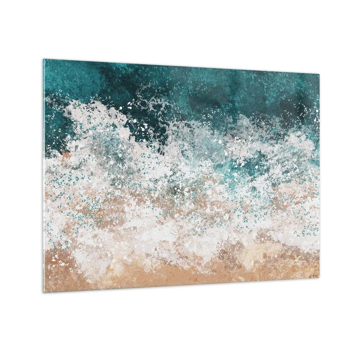 Quadro su vetro - Onda marina astratta nei toni del turchese, bianco e beige sabbia - 70x50cm - Storie di mare - Decorazione murale moderna per soggiorno e camera da letto ARTTOR