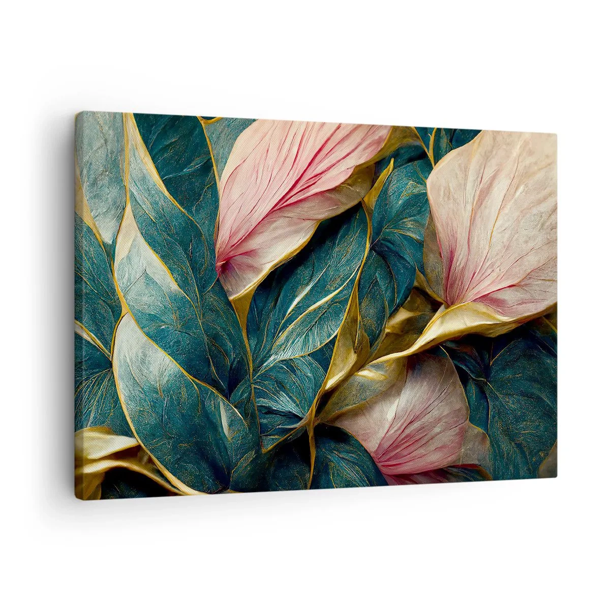 Quadro su tela - Stampe su Tela - Eleganti foglie in verde, oro e rosa - 70x50cm - Stile ed eleganza naturali - Decorazione murale moderna per soggiorno e camera da letto ARTTOR