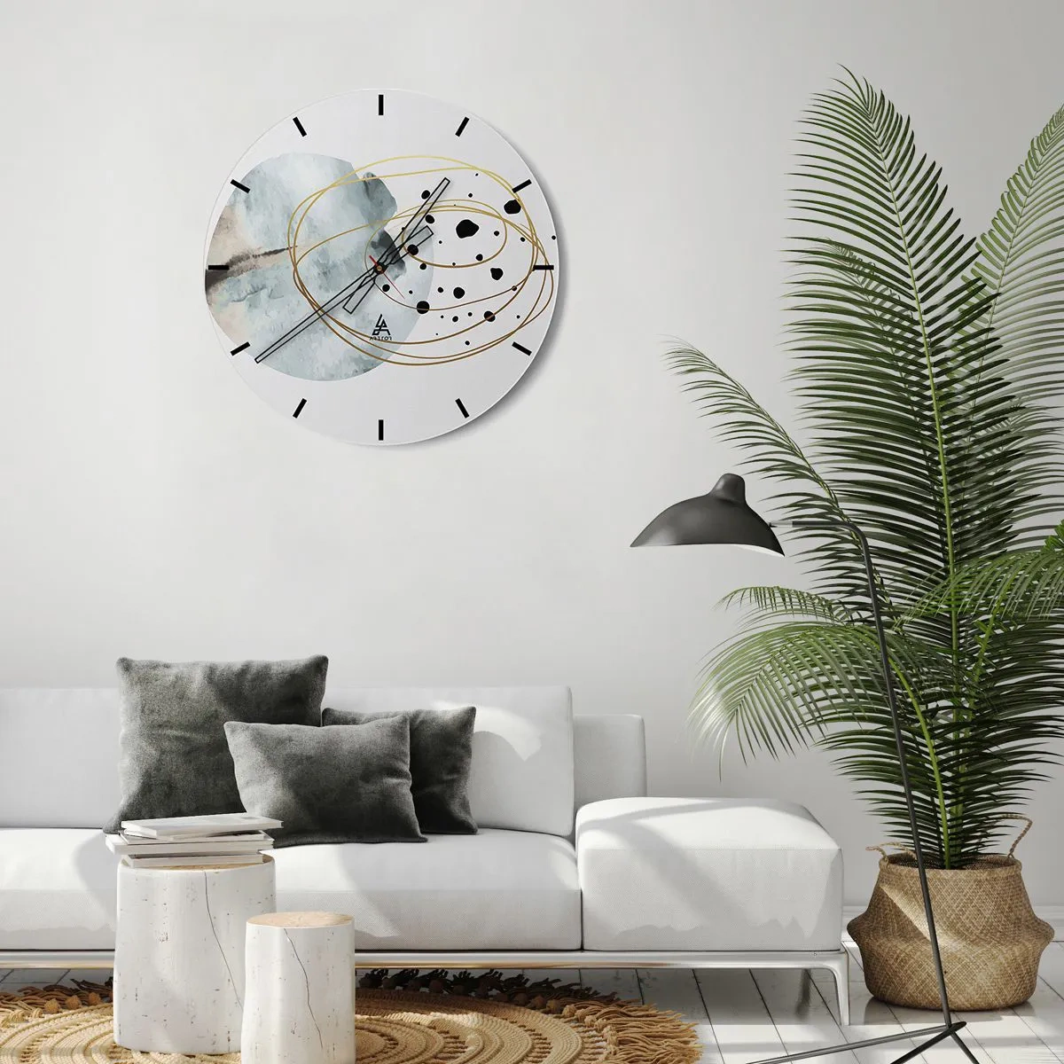 Orologio da parete - Orologio in Vetro - Linee dorate astratte e punti neri su uno sfondo chiaro - 30x30cm - Nell'abbraccio dello spazio - Decorazione murale moderna per soggiorno, cucina e camera da letto ARTTOR