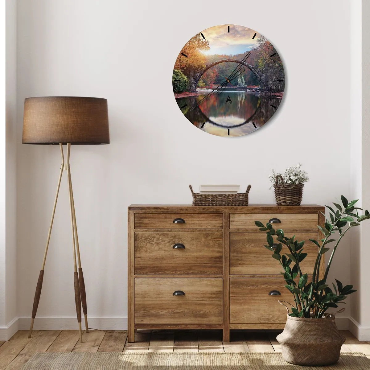Orologio da parete - Orologio in Vetro - Un ponte ad arco in pietra che si riflette nell'acqua crea un cerchio - 30x30cm - Dall'altro lato dello specchio - Decorazione murale moderna per soggiorno, cucina e camera da letto ARTTOR