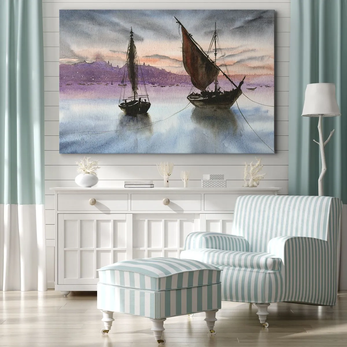 Quadro su tela - Stampe su Tela - Due velieri ormeggiati in acque calme al tramonto - 70x50cm - La sera nel porto - Decorazione murale moderna per soggiorno e camera da letto ARTTOR