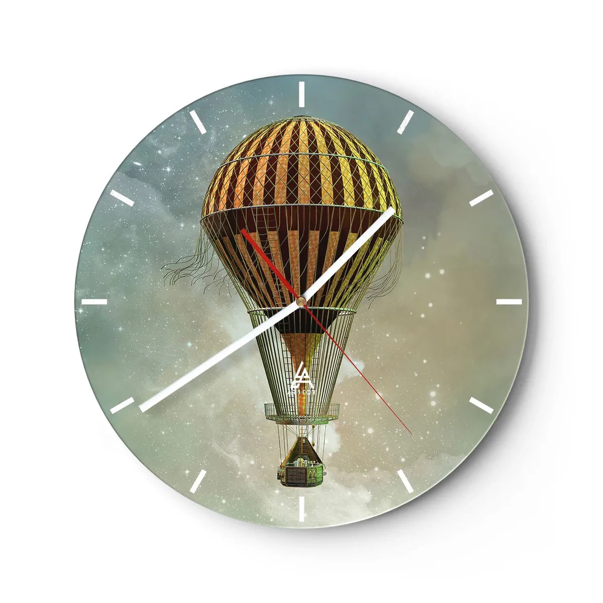 Orologio da parete - Orologio in Vetro - Un palloncino stilizzato che fluttua sopra un cielo stellato con un tocco retrò. - 30x30cm - I voli dei pionieri - Decorazione murale moderna per soggiorno, cucina e camera da letto ARTTOR