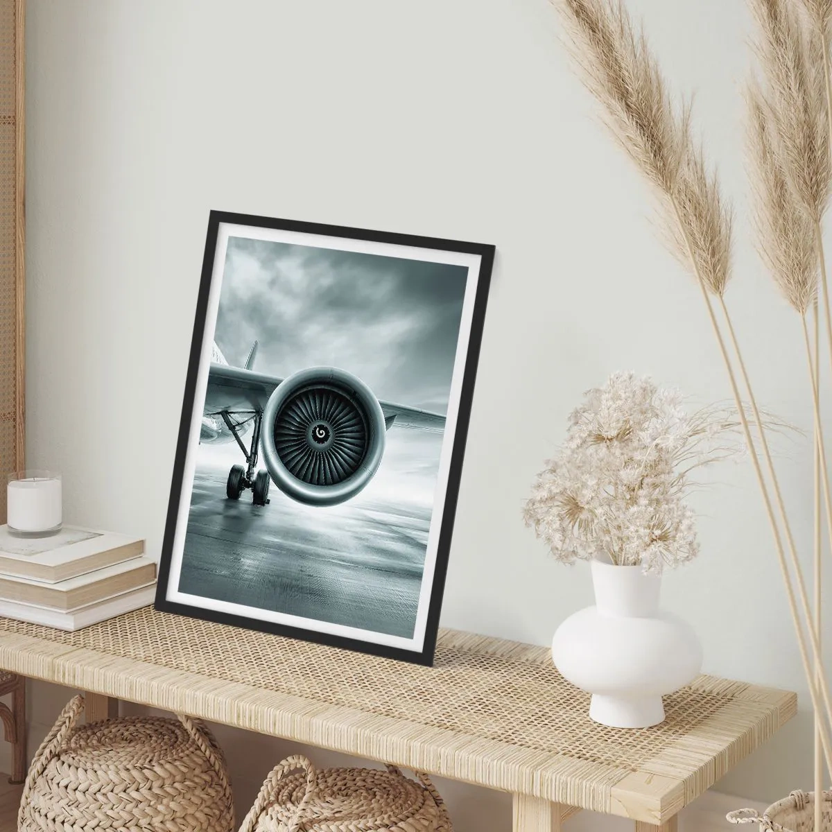 Poster in cornice nera - Un motore a reazione di aereo in toni monocromatici - 50x70cm - C'è la forza! - Decorazione murale moderna per soggiorno e camera da letto ARTTOR