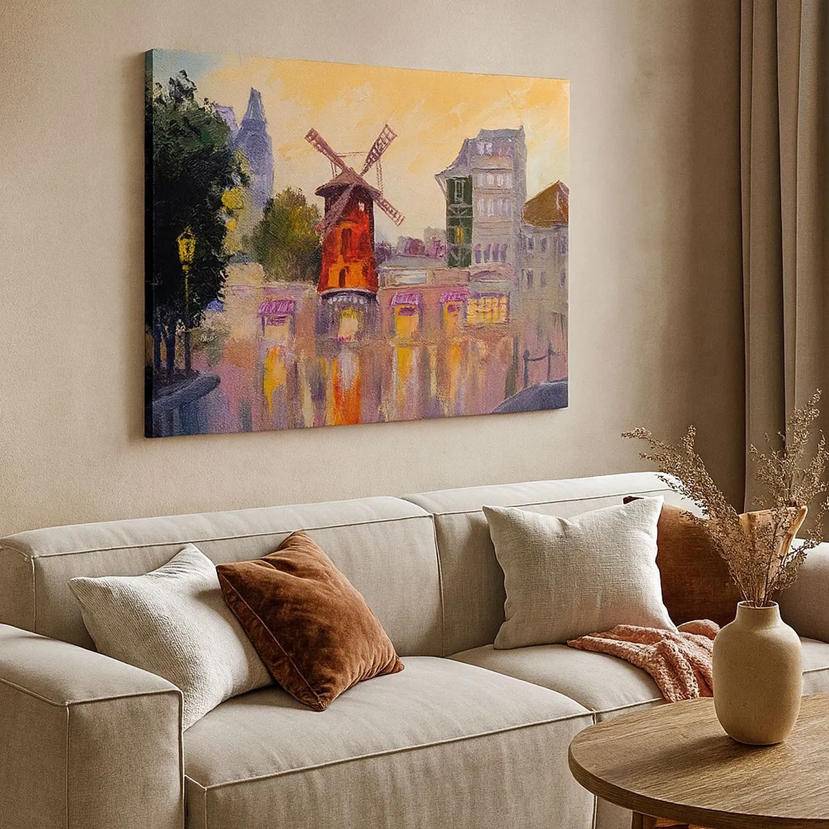 Quadro su tela - Stampe su Tela - Il mulino a vento rosso del Moulin Rouge circondato dal paesaggio urbano - 70x50cm - Le icone di Parigi: il Moulin Rouge - Decorazione murale moderna per soggiorno e camera da letto ARTTOR
