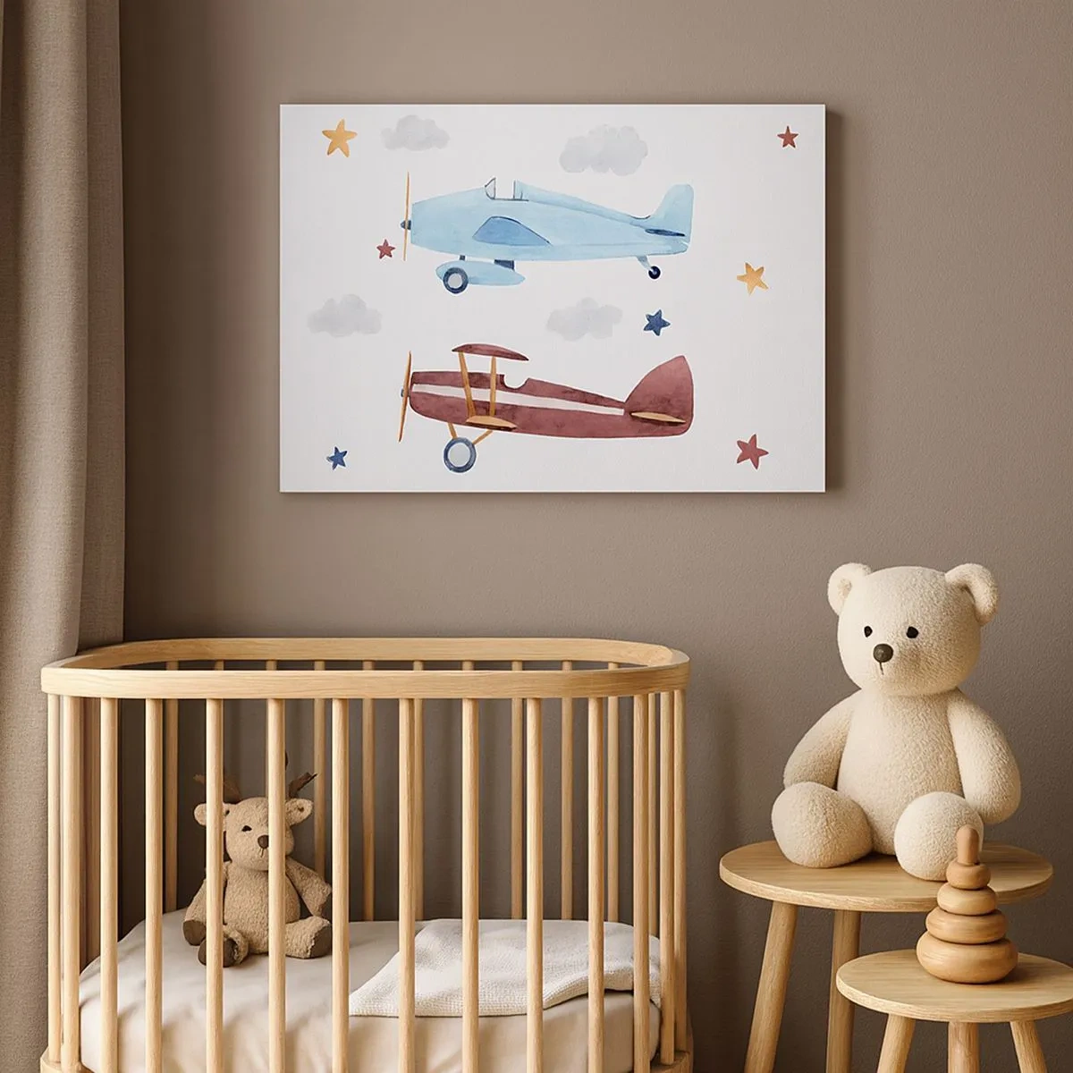 Quadro su tela - Stampe su Tela - Aeroplani dipinti a mano su uno sfondo di nuvole e stelle - 70x50cm - Aspettando il pilota - Decorazione murale moderna per soggiorno e camera da letto ARTTOR