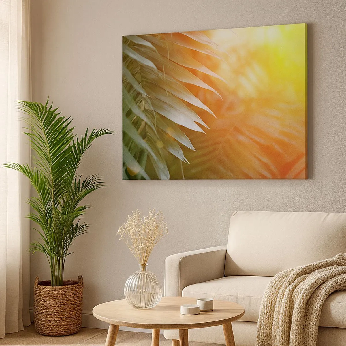 Quadro su tela - Stampe su Tela - Foglie di palma nei raggi del tramonto - 70x50cm - L'alba nella giungla - Decorazione murale moderna per soggiorno e camera da letto ARTTOR