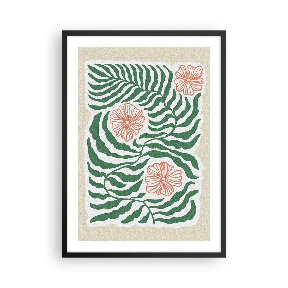 Poster in cornice nera - Grafica astratta di foglie e fiori su sfondo beige - 50x70cm - Fioritura nel verde - Decorazione murale moderna per soggiorno e camera da letto ARTTOR