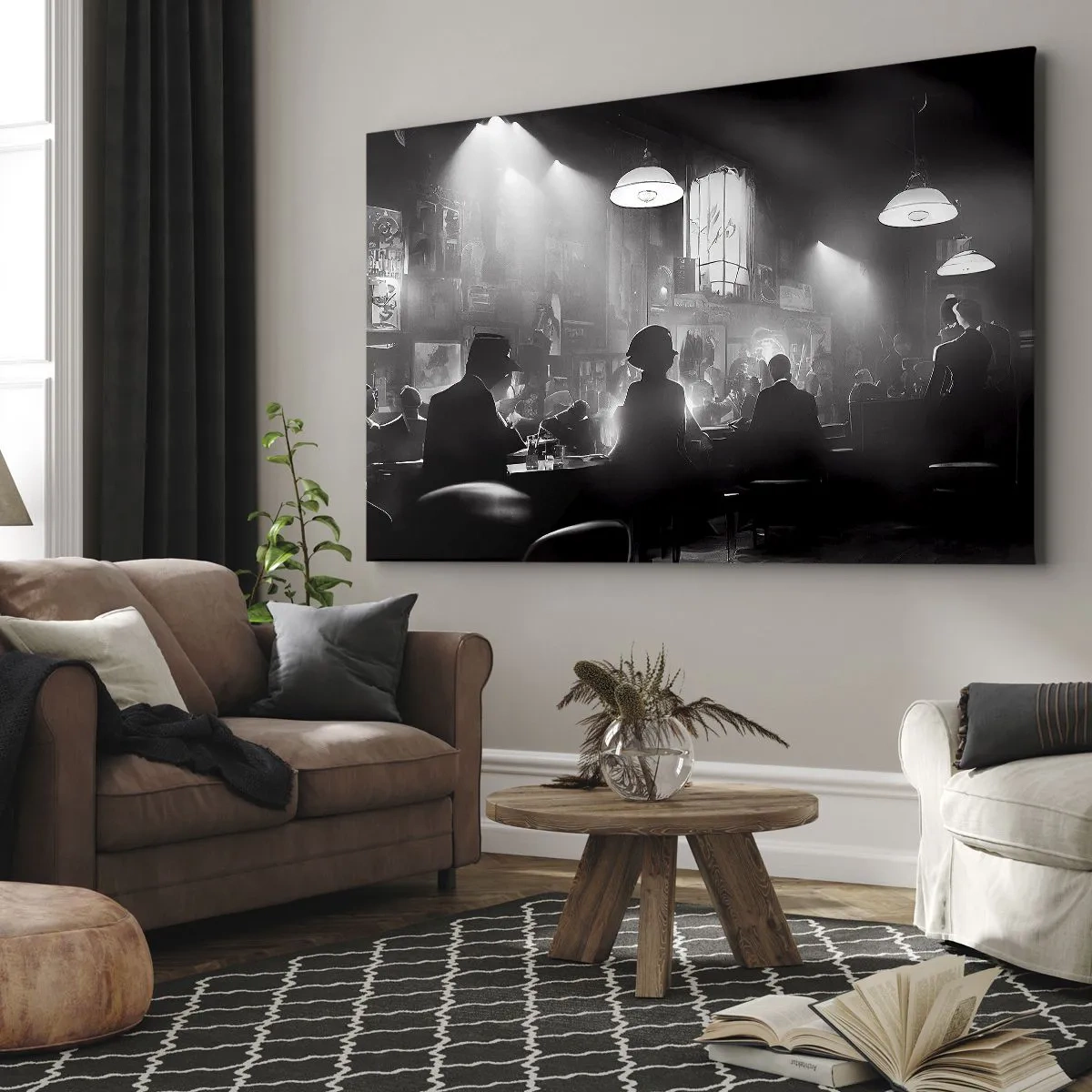 Quadro su tela - Stampe su Tela - Scena dei locali notturni jazz in bianco e nero - 70x50cm - Nell'atmosfera jazz - Decorazione murale moderna per soggiorno e camera da letto ARTTOR