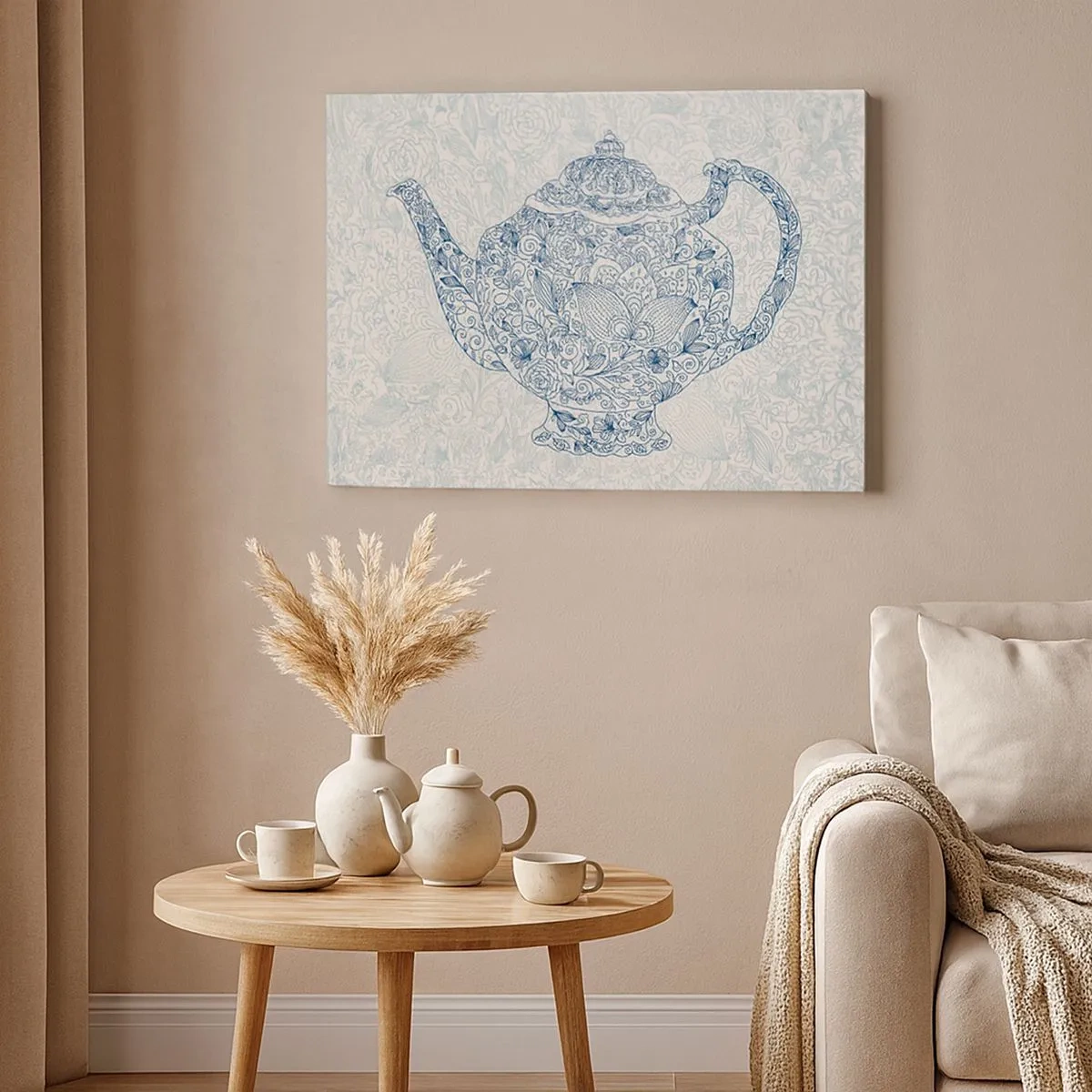 Quadro su tela - Stampe su Tela - Disegno decorativo di una teiera con ornamenti blu - 70x50cm - Magia del tè - Decorazione murale moderna per soggiorno e camera da letto ARTTOR