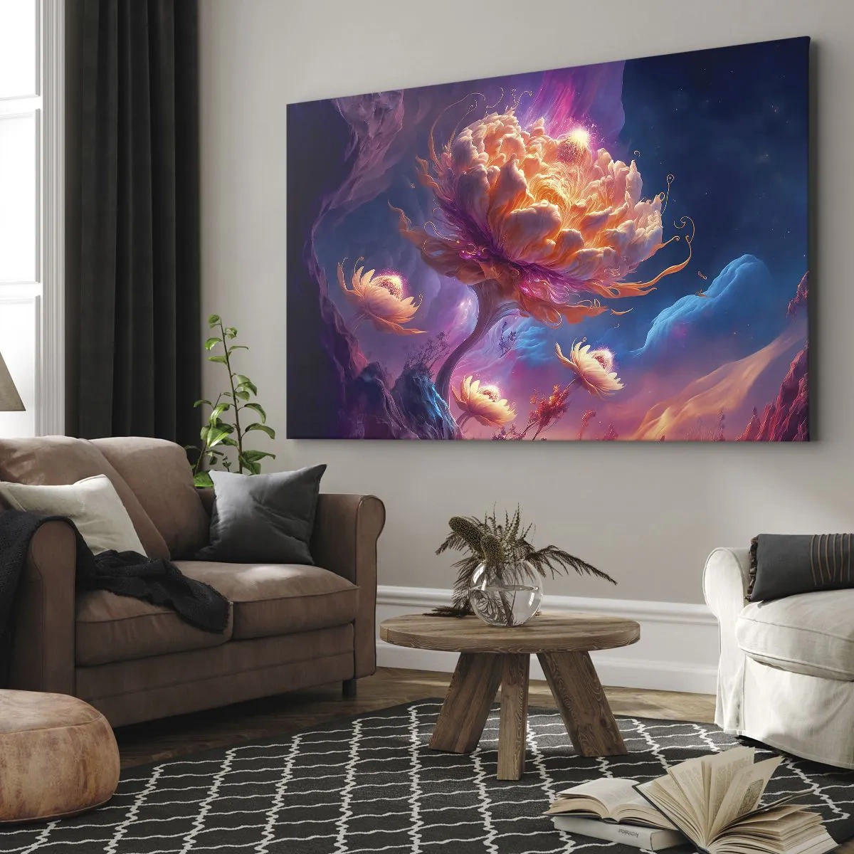 Quadro su tela - Stampe su Tela - Fiori fantastici in un paesaggio cosmico - 70x50cm - Un altro mondo - Decorazione murale moderna per soggiorno e camera da letto ARTTOR