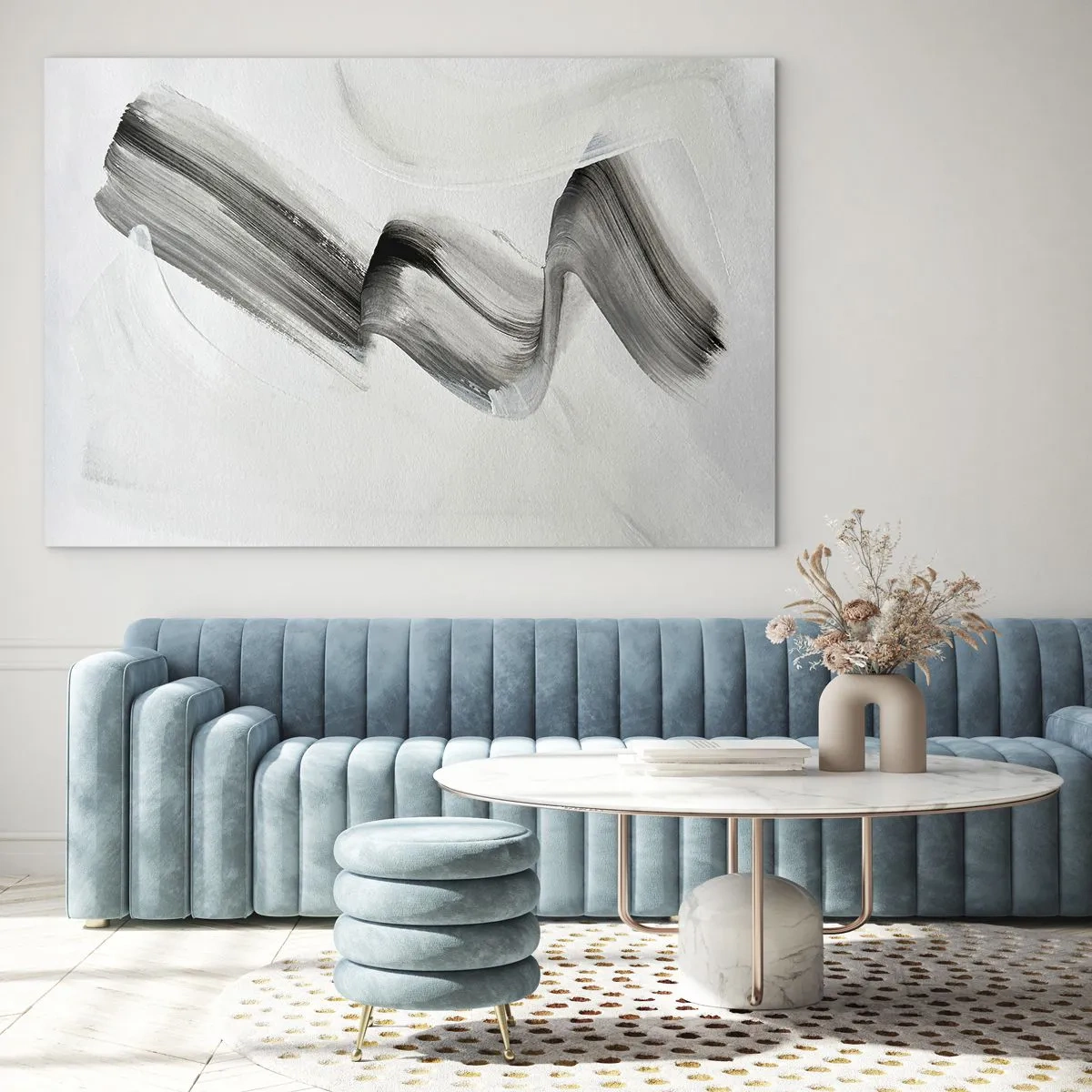 Quadro su vetro - Pennellata astratta grigia su sfondo chiaro - 70x50cm - Casualmente per divertimento - Decorazione murale moderna per soggiorno e camera da letto ARTTOR