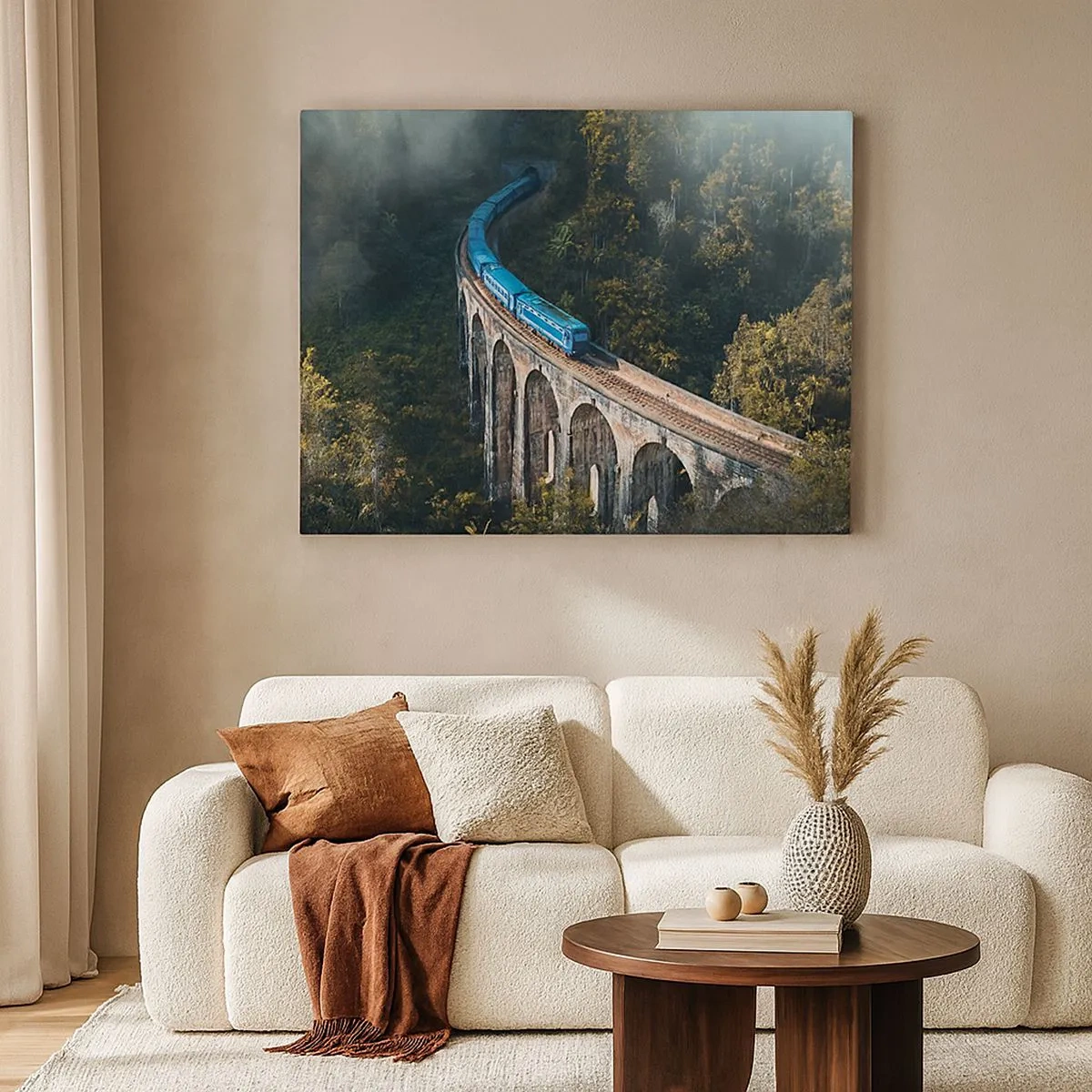 Quadro su tela - Stampe su Tela - Un treno blu su un viadotto storico tra le foreste - 70x50cm - Attrazione della natura - Decorazione murale moderna per soggiorno e camera da letto ARTTOR