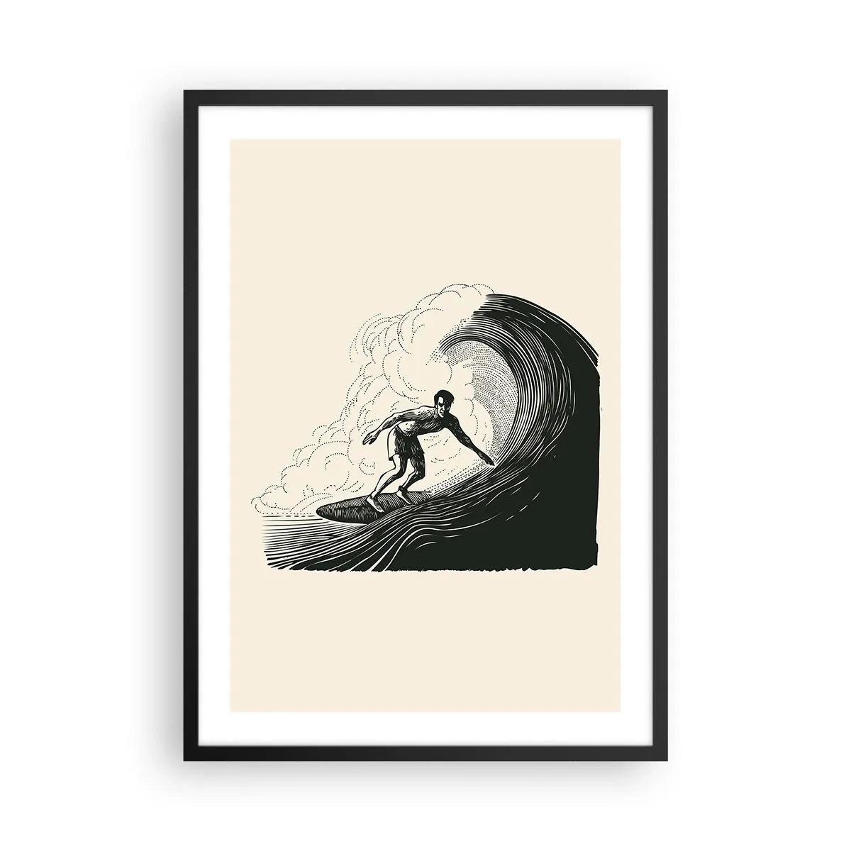 Poster in cornice nera - Grafica retrò di un surfista su un'onda, composizione in nero e crema - 50x70cm - Il re delle onde - Decorazione murale moderna per soggiorno e camera da letto ARTTOR