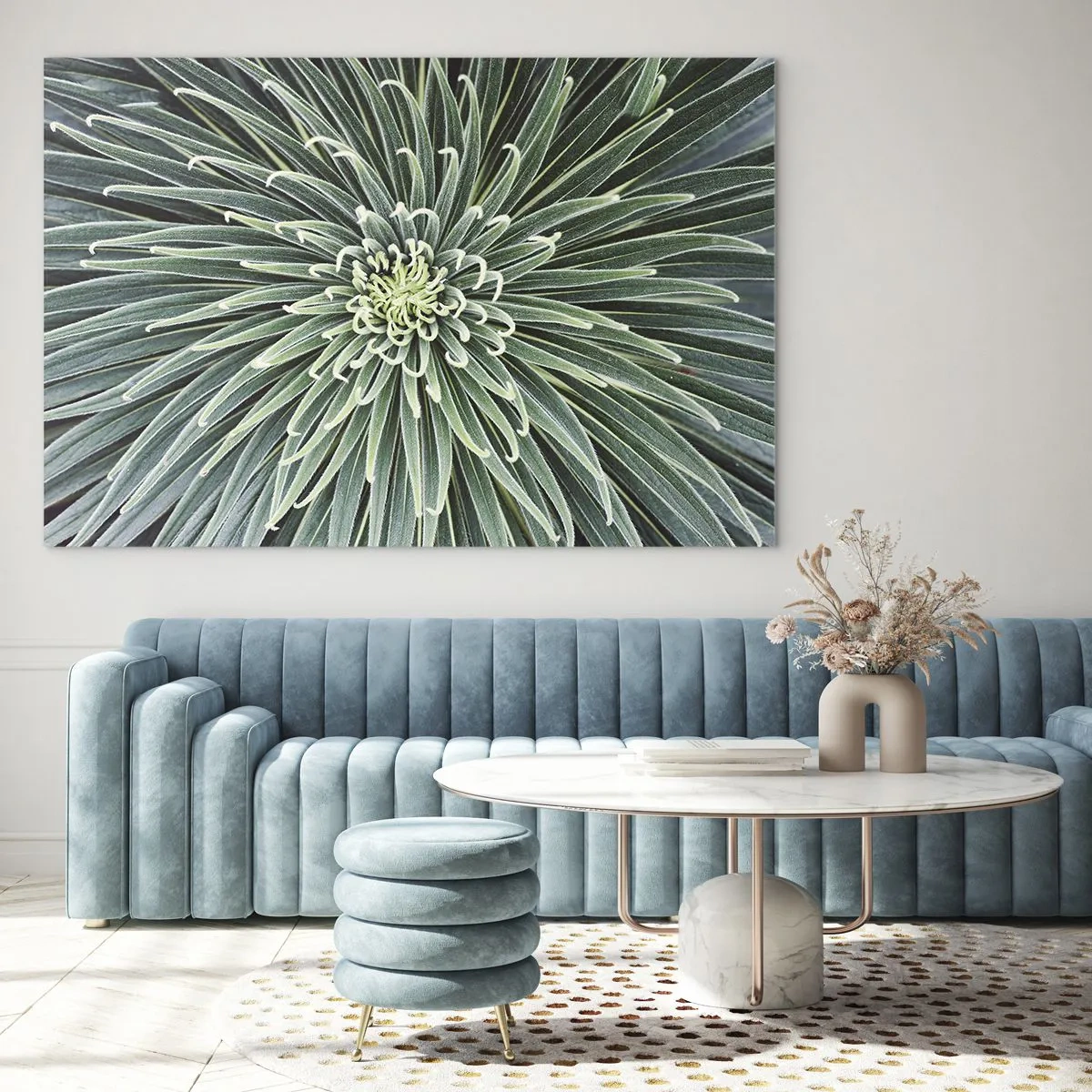 Quadro su vetro - Rosetta simmetrica di foglie verdi in macrofotografia - 70x50cm - La nascita delle stelle - Decorazione murale moderna per soggiorno e camera da letto ARTTOR
