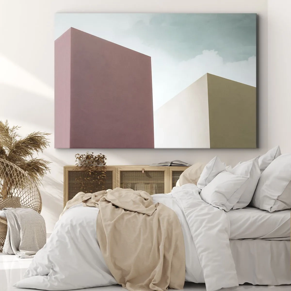 Quadro su tela - Stampe su Tela - Architettura minimalista con blocchi pastello e cielo - 70x50cm - Geometria di un'estate assolata - Decorazione murale moderna per soggiorno e camera da letto ARTTOR