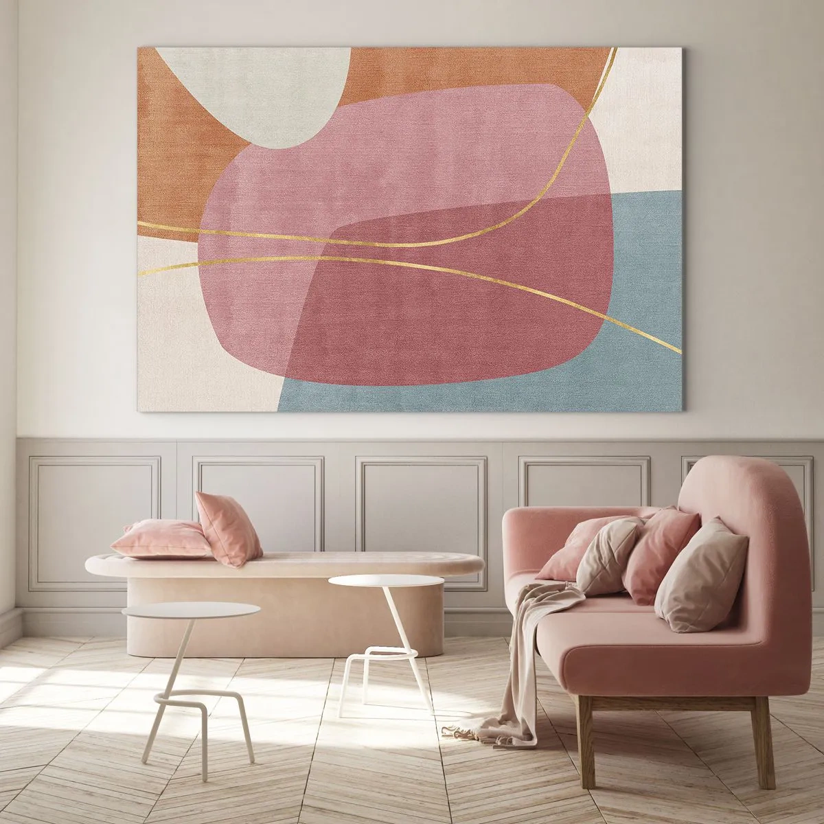 Quadro su vetro - Forme pastello con linee dorate intersecanti - 70x50cm - Composizione pastello con filo dorato - Decorazione murale moderna per soggiorno e camera da letto ARTTOR
