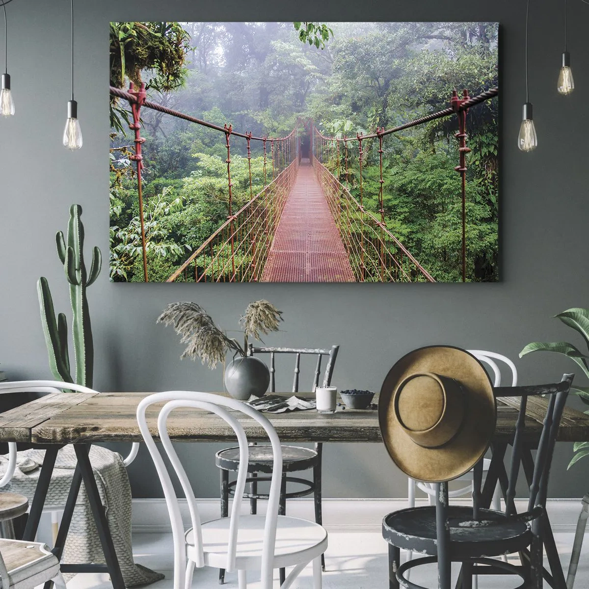 Quadro su tela - Stampe su Tela - Un ponte sospeso in una giungla tropicale circondato dalla nebbia - 70x50cm - Sospeso sopra gli alberi - Decorazione murale moderna per soggiorno e camera da letto ARTTOR