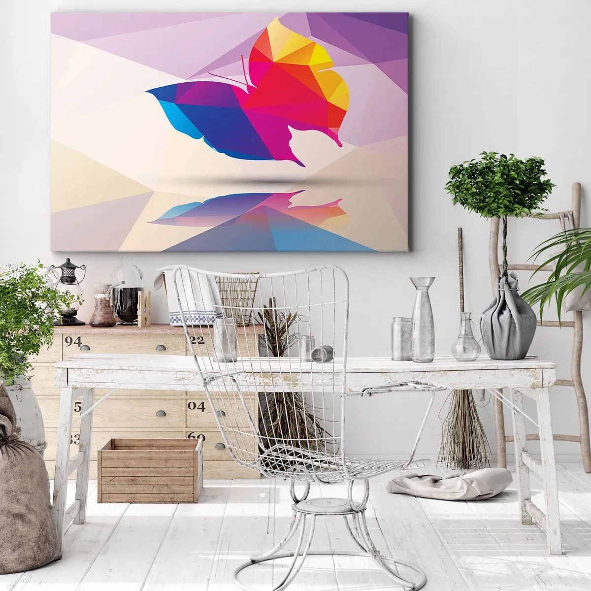Quadro su tela - Stampe su Tela - Silhouette geometrica di farfalla in colori vivaci - 70x50cm - La farfalla arcobaleno - Decorazione murale moderna per soggiorno e camera da letto ARTTOR