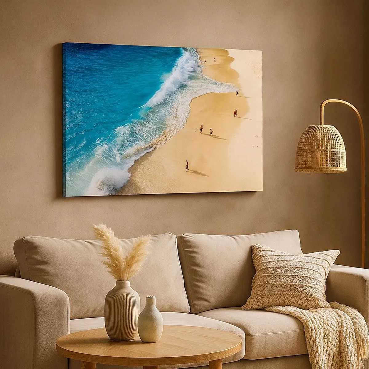 Quadro su tela - Stampe su Tela - Una spiaggia con acqua turchese e gente che cammina intorno - 70x50cm - E poi il sole, la spiaggia... - Decorazione murale moderna per soggiorno e camera da letto ARTTOR