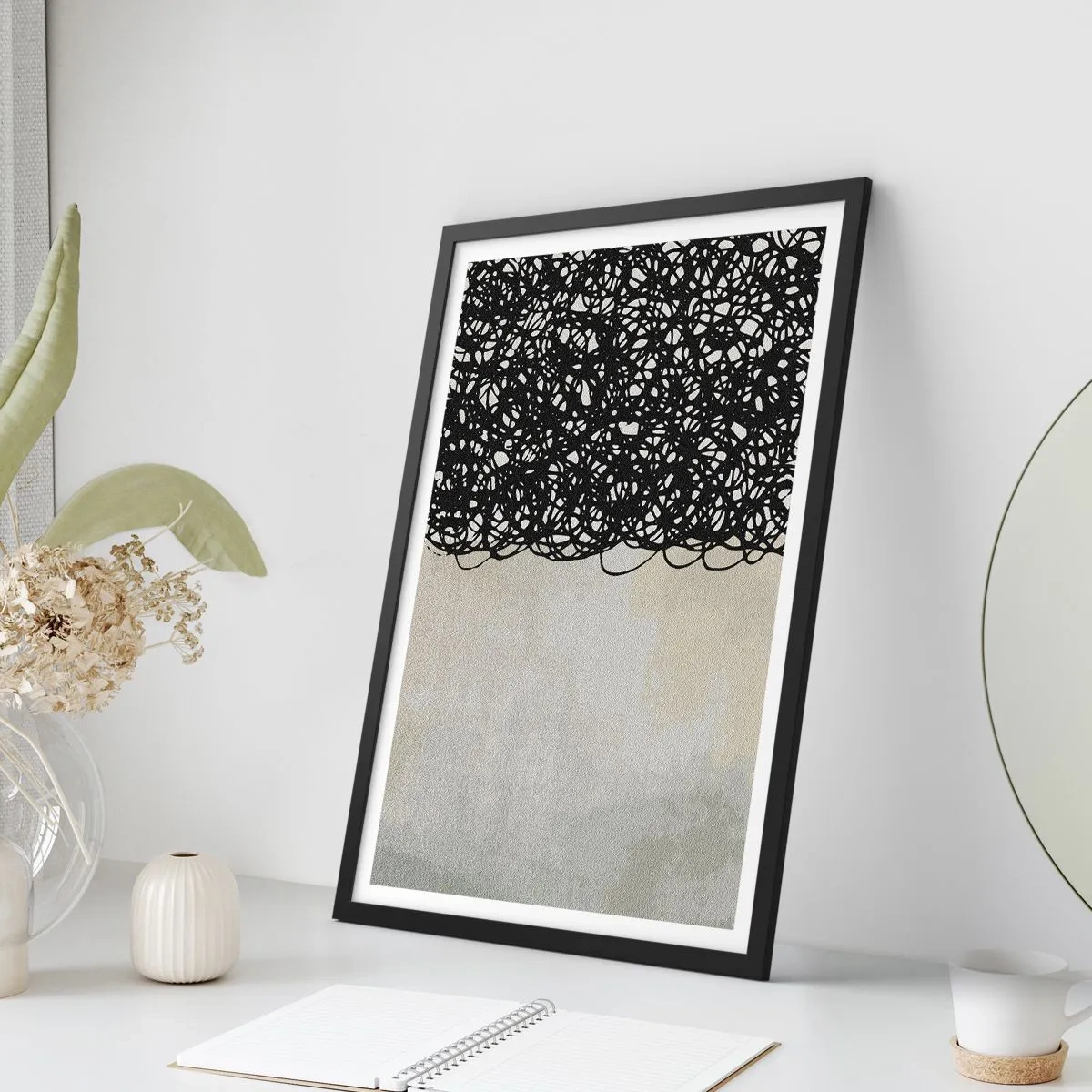 Poster in cornice nera - Composizione astratta con linee nere su sfondo chiaro - 50x70cm - Astrazione aggrovigliata - Decorazione murale moderna per soggiorno e camera da letto ARTTOR