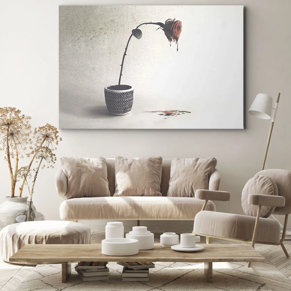 Quadro su tela - Stampe su Tela - Una rosa rossa in un vaso con gocce di tintura su uno sfondo bianco - 70x50cm - Rosa dolorosa - Decorazione murale moderna per soggiorno e camera da letto ARTTOR