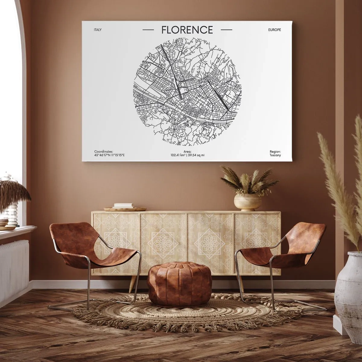 Quadro su tela - Stampe su Tela - Una mappa di Firenze in stile minimalista in bianco e nero - 70x50cm - Anatomia di Firenze - Decorazione murale moderna per soggiorno e camera da letto ARTTOR