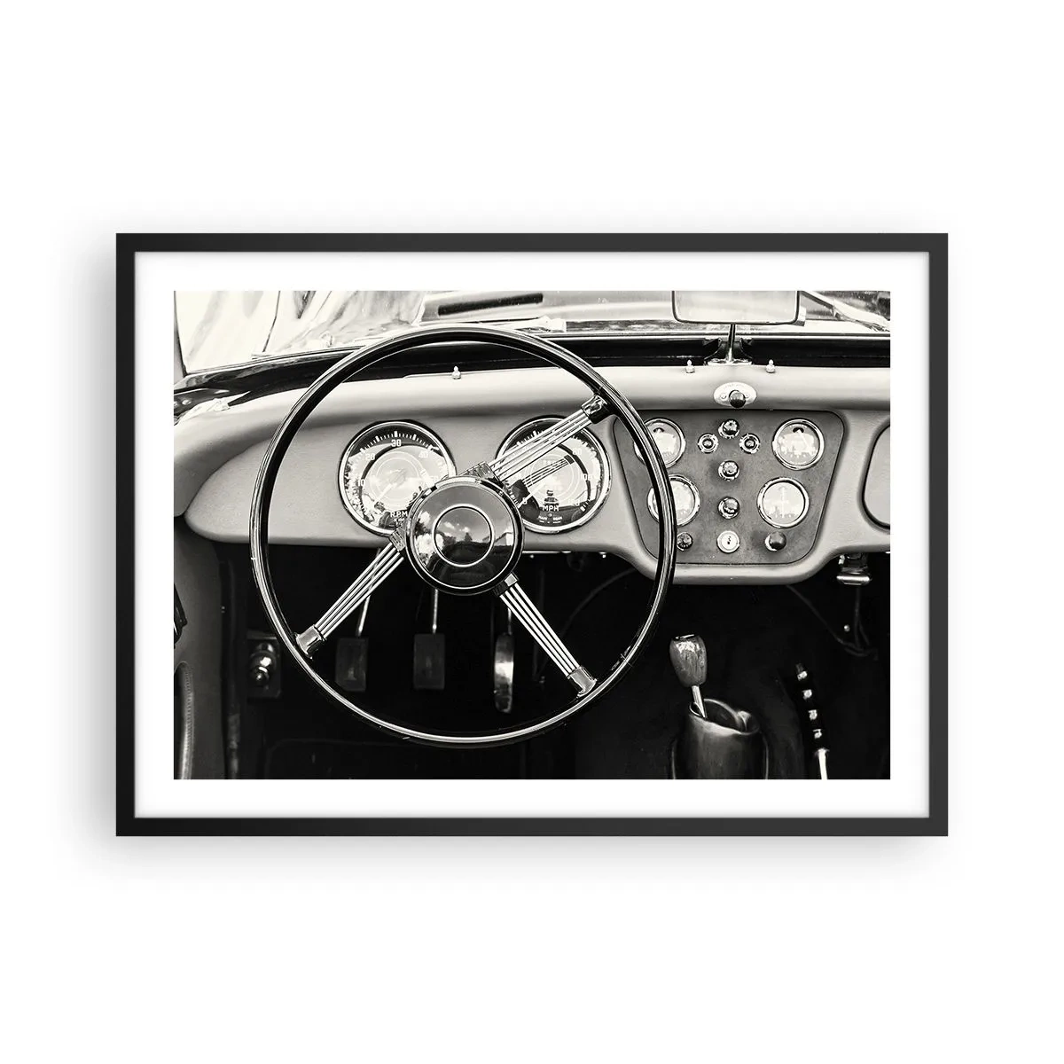Poster in cornice nera - Interni di auto d'epoca in bianco e nero - 70x50cm - Il sogno del collezionista - Decorazione murale moderna per soggiorno e camera da letto ARTTOR