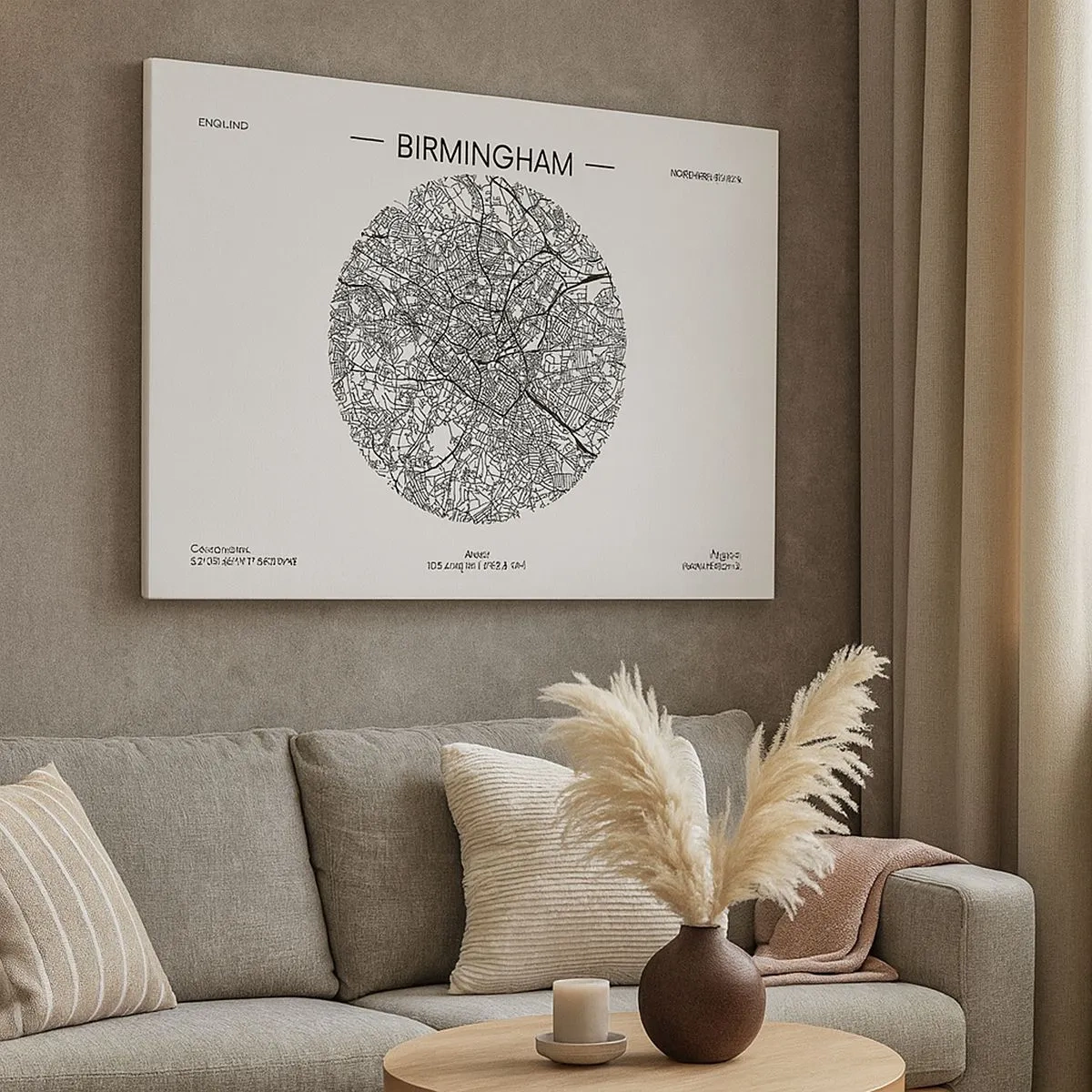 Quadro su tela - Stampe su Tela - Una mappa minimalista in bianco e nero di Birmingham con dettagli precisi. - 70x50cm - Anatomia di Birmingham - Decorazione murale moderna per soggiorno e camera da letto ARTTOR