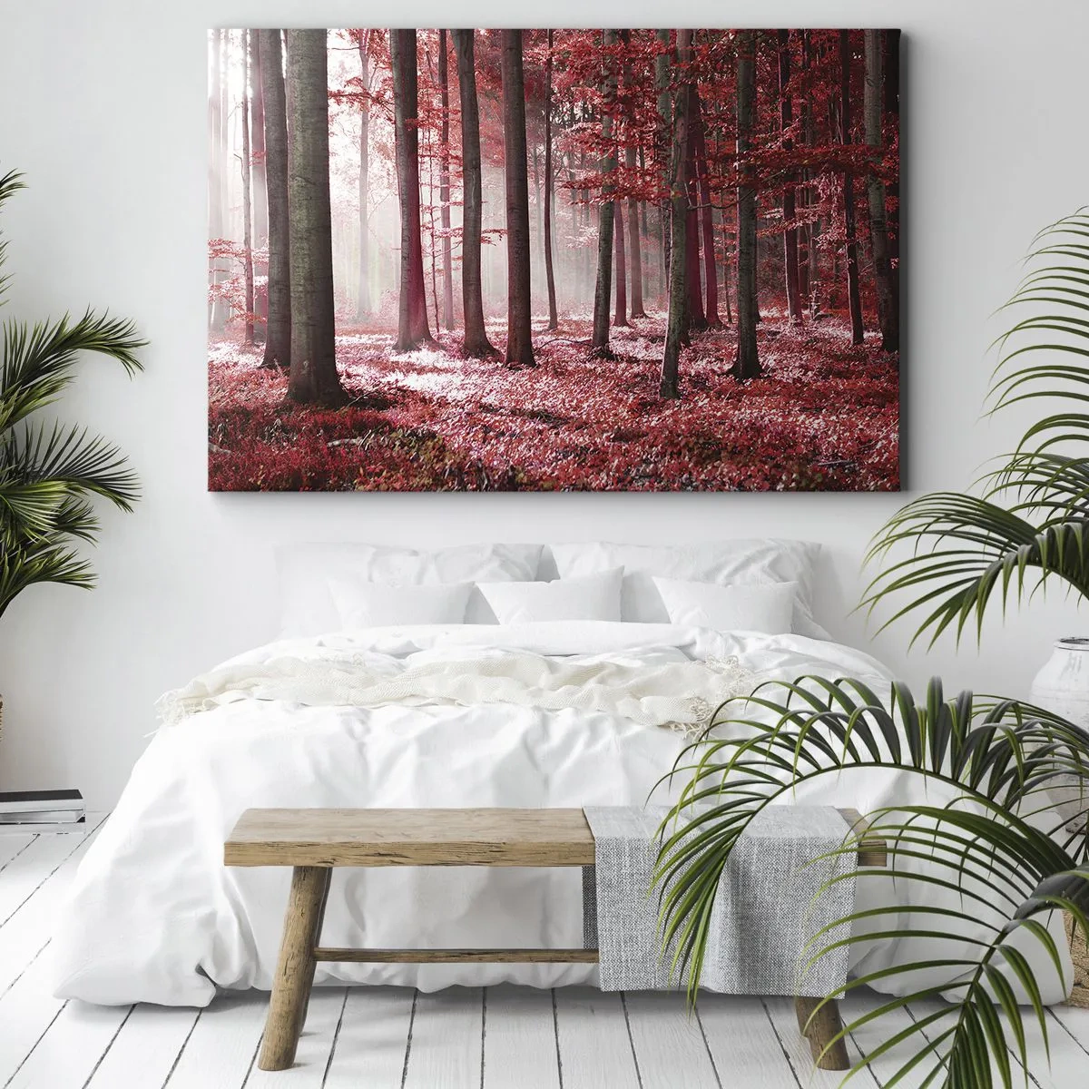 Quadro su tela - Stampe su Tela - Una splendida foresta dalle tonalità rosse con raggi di luce che penetrano attraverso gli alberi - 70x50cm - Anche rosso è bello - Decorazione murale moderna per soggiorno e camera da letto ARTTOR