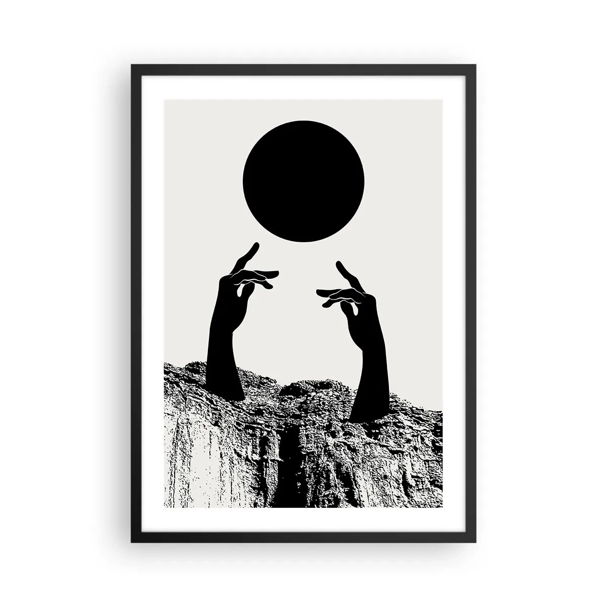 Poster in cornice nera - Mani simboliche che raggiungono una palla nera su uno sfondo di rocce - 50x70cm - Composizione surreale: sole e resto - Decorazione murale moderna per soggiorno e camera da letto ARTTOR