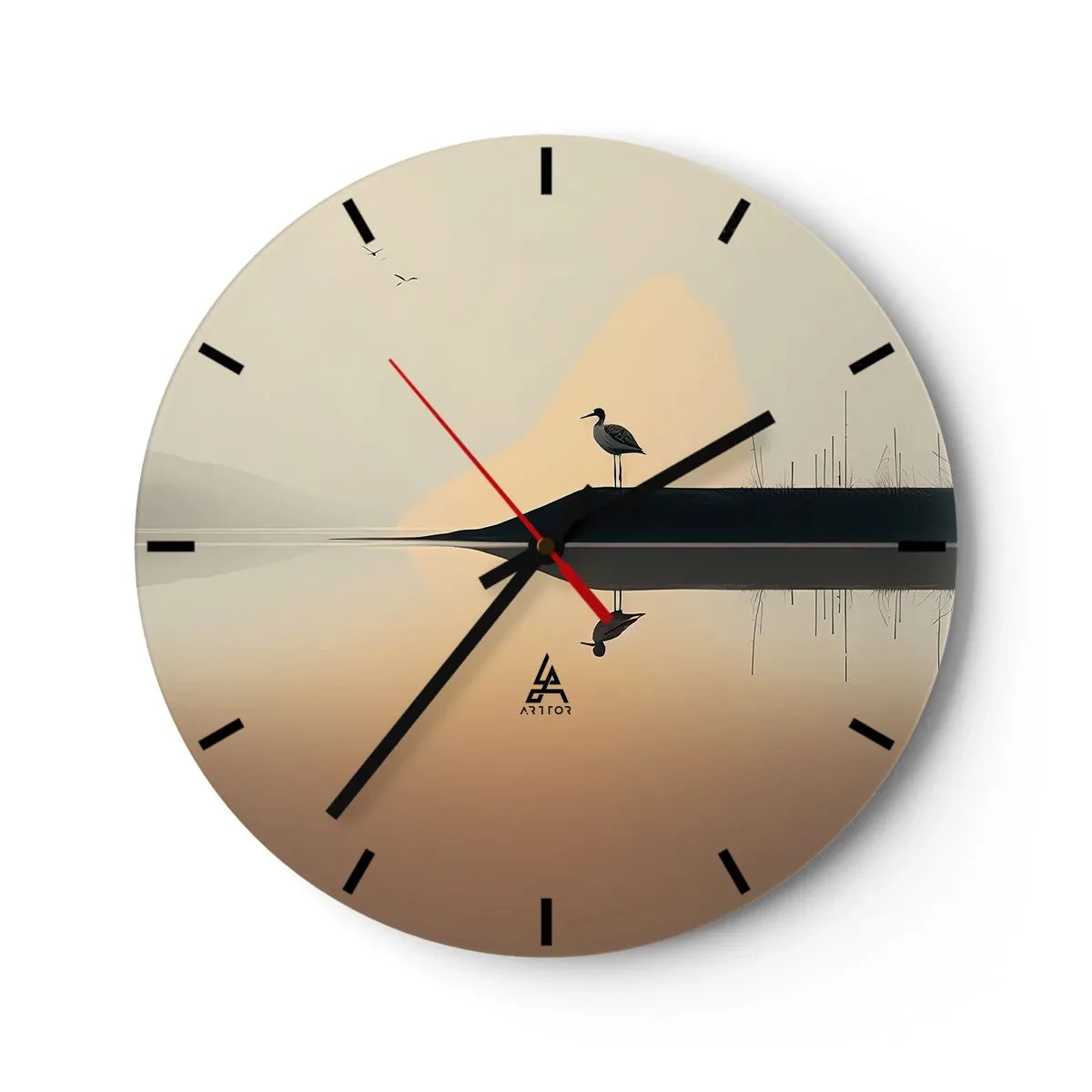 Orologio da parete - Orologio in Vetro - Sagoma di un uccello su una roccia sopra un lago calmo all'alba - 30x30cm - Il signore del lago - Decorazione murale moderna per soggiorno, cucina e camera da letto ARTTOR