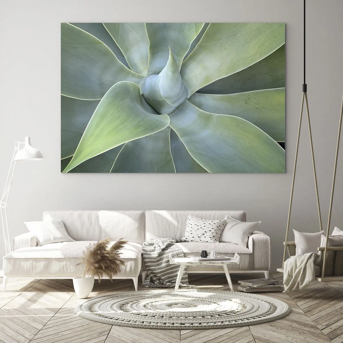 Quadro su vetro - Macrofotografia di una pianta verde con foglie a spirale - 70x50cm - La nascita del verde - Decorazione murale moderna per soggiorno e camera da letto ARTTOR