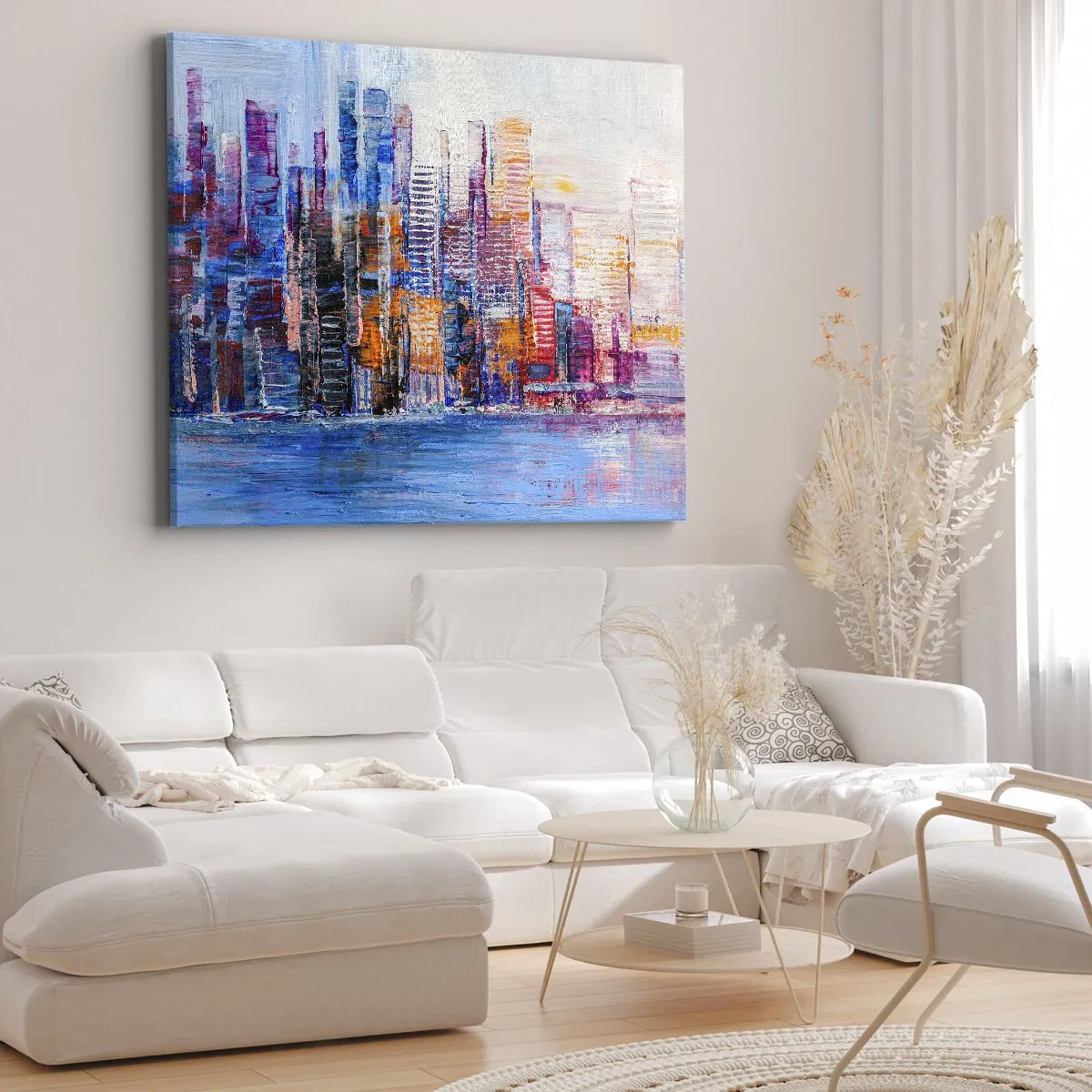 Quadro su tela - Stampe su Tela - Un panorama colorato della città con riflessi sull'acqua - 70x50cm - Metropoli gioiosa - Decorazione murale moderna per soggiorno e camera da letto ARTTOR