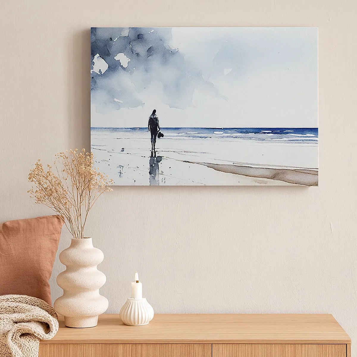 Quadro su tela - Stampe su Tela - Una figura su una spiaggia in un ambiente marino calmo - 70x50cm - Dialogo con il mare - Decorazione murale moderna per soggiorno e camera da letto ARTTOR