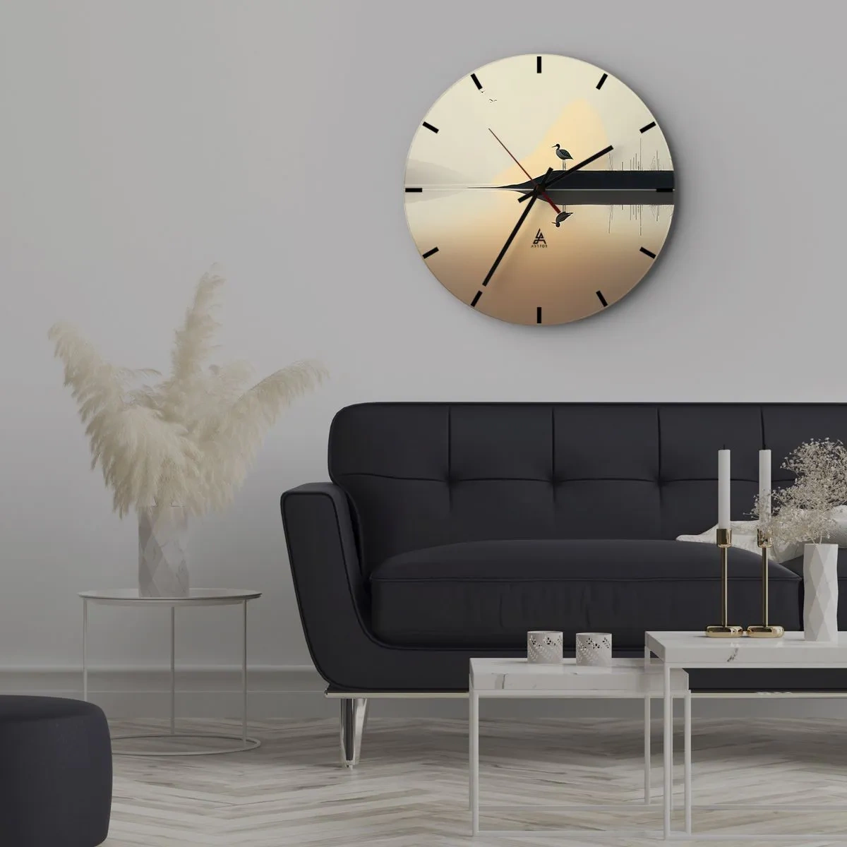 Orologio da parete - Orologio in Vetro - Sagoma di un uccello su una roccia sopra un lago calmo all'alba - 30x30cm - Il signore del lago - Decorazione murale moderna per soggiorno, cucina e camera da letto ARTTOR