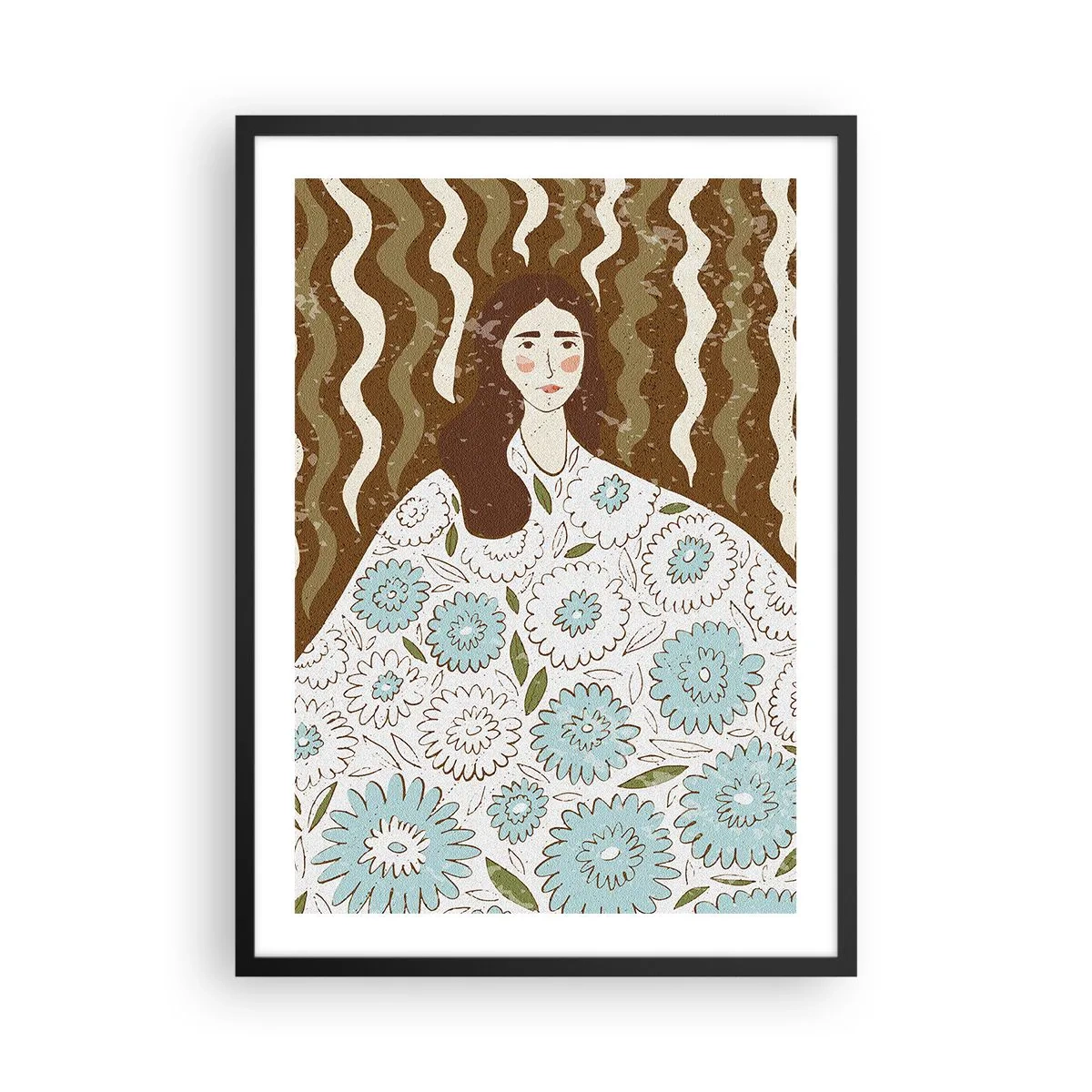 Poster in cornice nera - Ritratto stilizzato di una donna con un abito floreale su uno sfondo di motivi ondulati. - 50x70cm - Ritratto con abito a fiori - Decorazione murale moderna per soggiorno e camera da letto ARTTOR