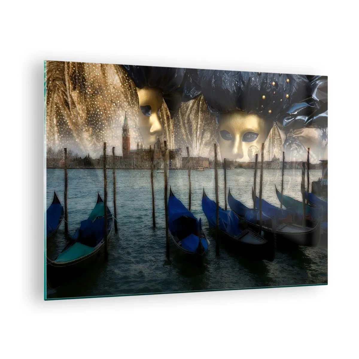 Quadro su vetro - Venezia con gondole e maschere di carnevale - 70x50cm - È ora di iniziare il carnevale - Decorazione murale moderna per soggiorno e camera da letto ARTTOR