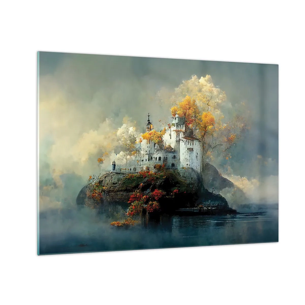 Quadro su vetro - Un castello su una roccia circondato da nebbia e alberi autunnali - 70x50cm - Inizio di una storia romantica - Decorazione murale moderna per soggiorno e camera da letto ARTTOR