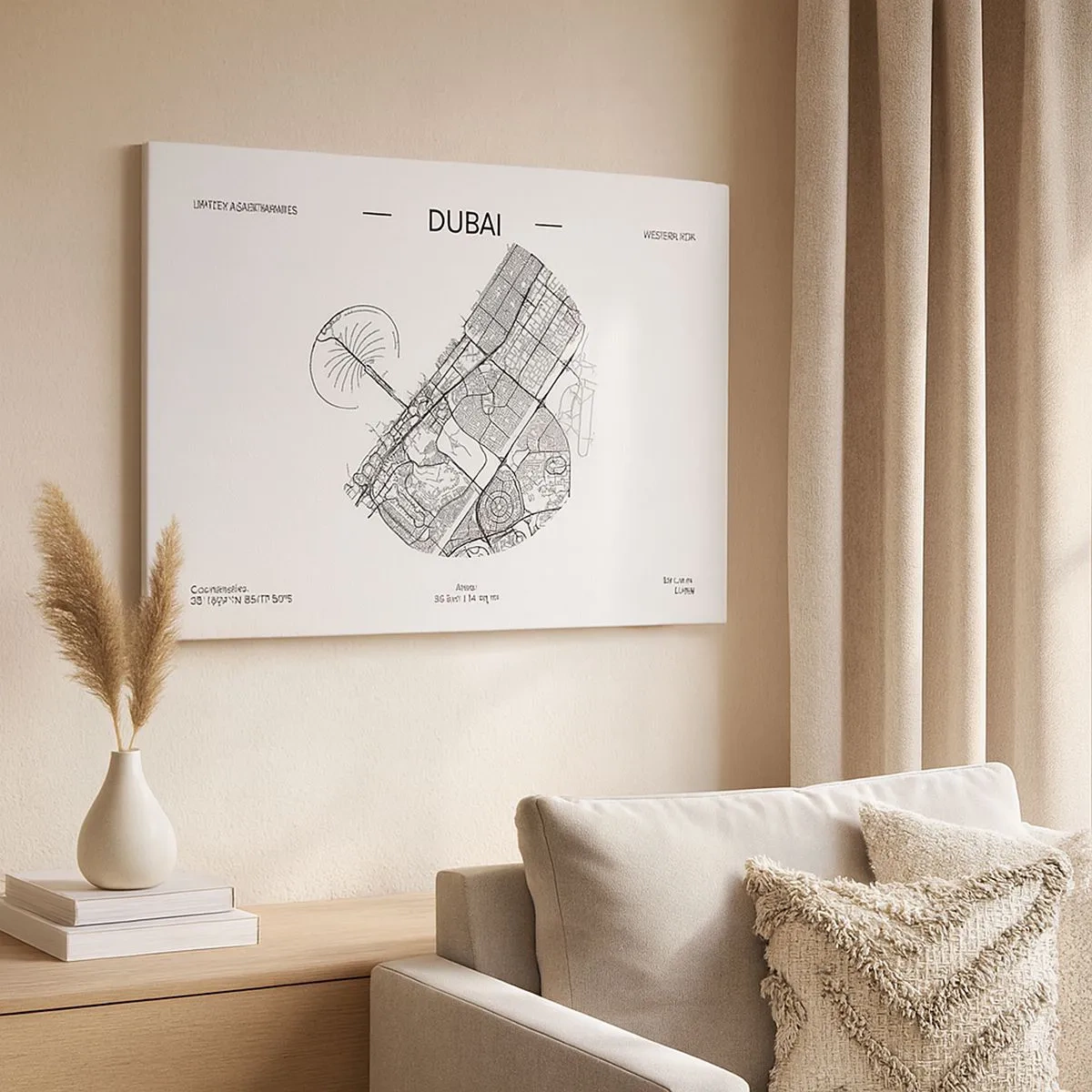 Quadro su tela - Stampe su Tela - Una mappa minimalista in bianco e nero di Dubai con indicazioni di posizione. - 70x50cm - Anatomia di Dubai - Decorazione murale moderna per soggiorno e camera da letto ARTTOR