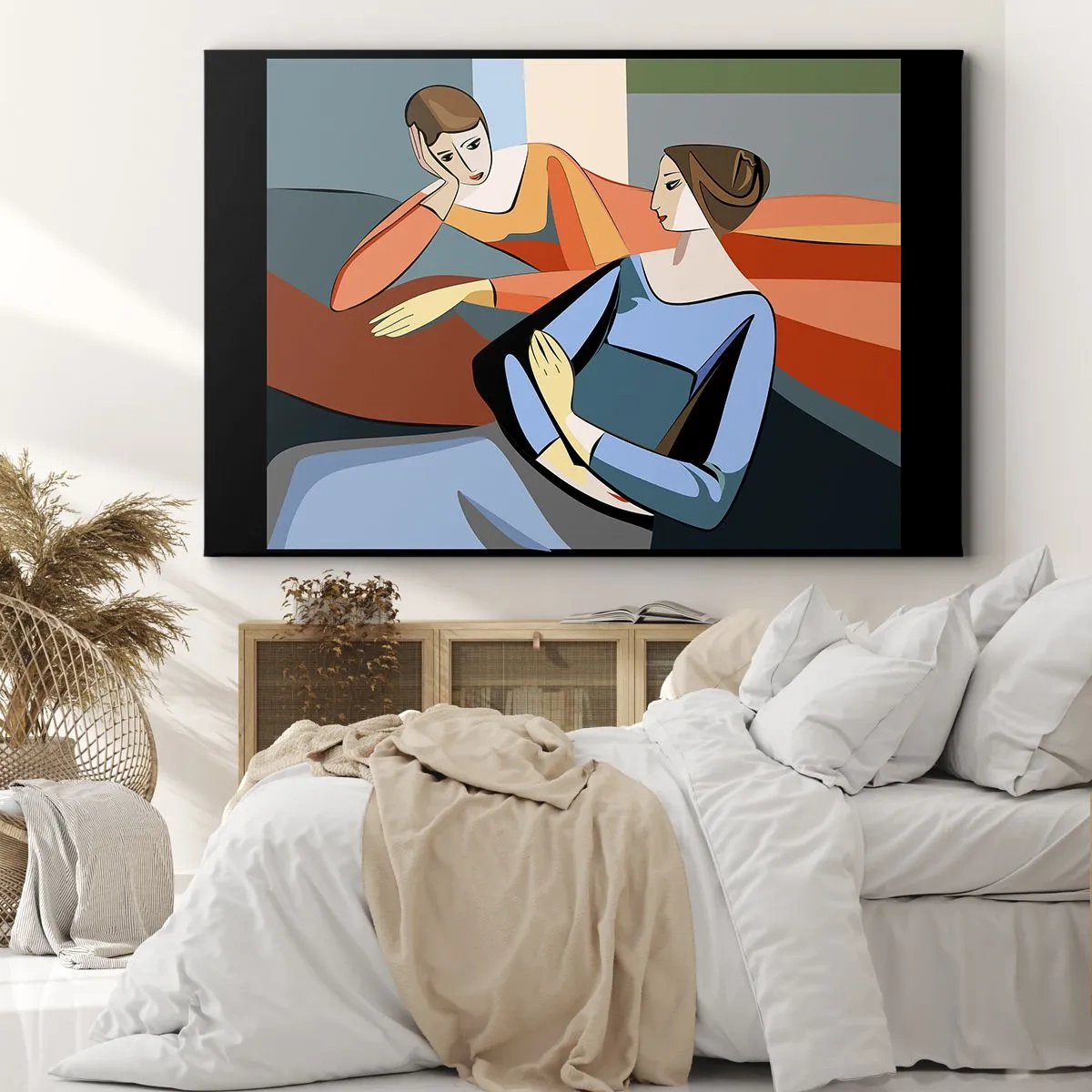 Quadro su tela - Stampe su Tela - Illustrazione astratta di due donne in stile cubista - 70x50cm - Il momento delle confidenze - Decorazione murale moderna per soggiorno e camera da letto ARTTOR