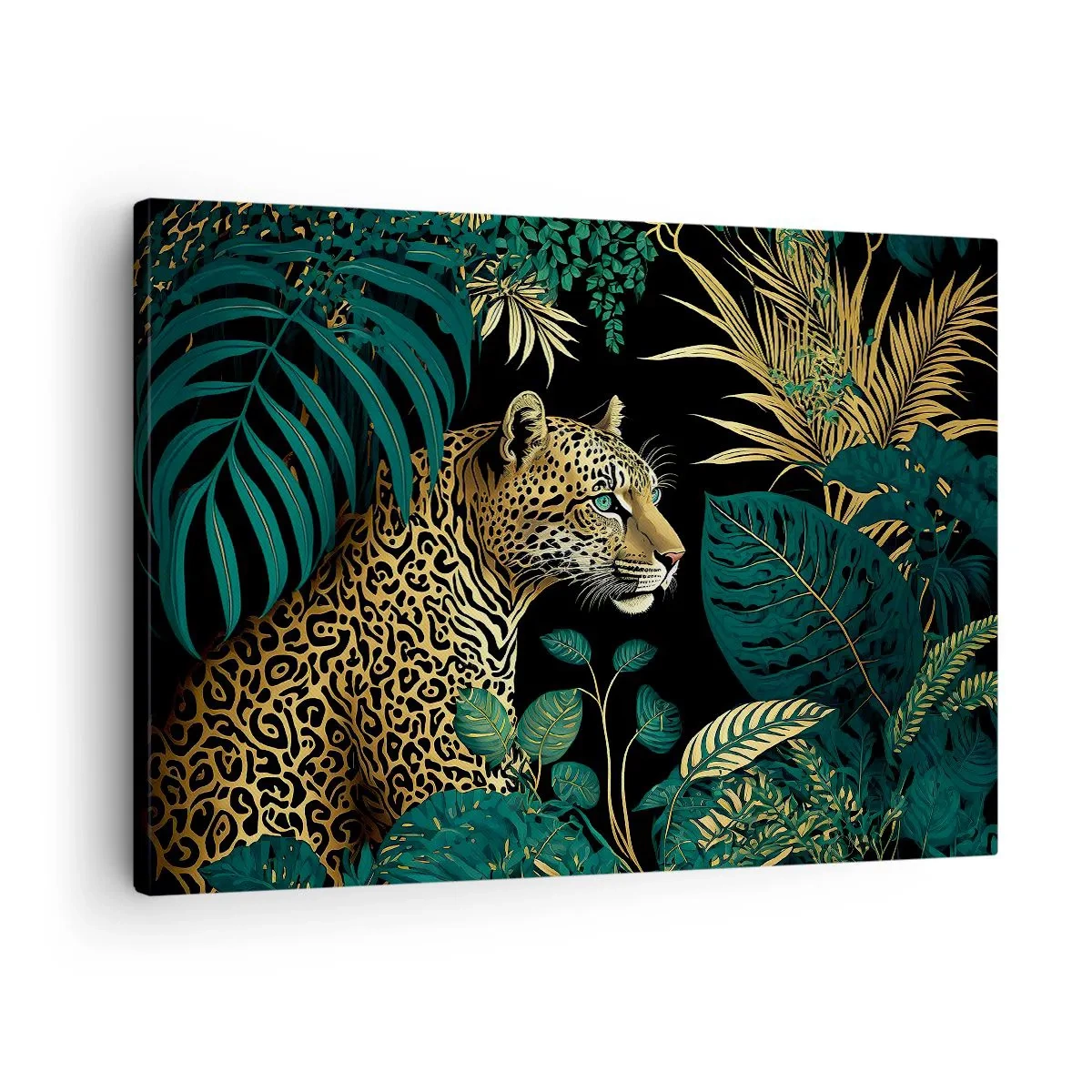 Quadro su tela - Stampe su Tela - Leopardo tra foglie tropicali su sfondo nero - 70x50cm - Il signore della giungla - Decorazione murale moderna per soggiorno e camera da letto ARTTOR