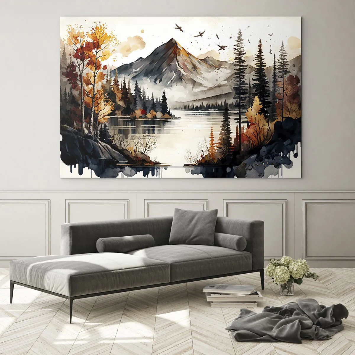 Quadro su vetro - Paesaggio montano autunnale con lago e foresta - 70x50cm - L'autunno dorato sui monti - Decorazione murale moderna per soggiorno e camera da letto ARTTOR