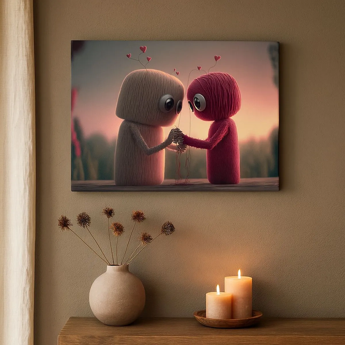 Quadro su tela - Stampe su Tela - Personaggi di filato in un'affascinante ambientazione a tema cuore - 70x50cm - Ognuno ha diritto ad amare - Decorazione murale moderna per soggiorno e camera da letto ARTTOR