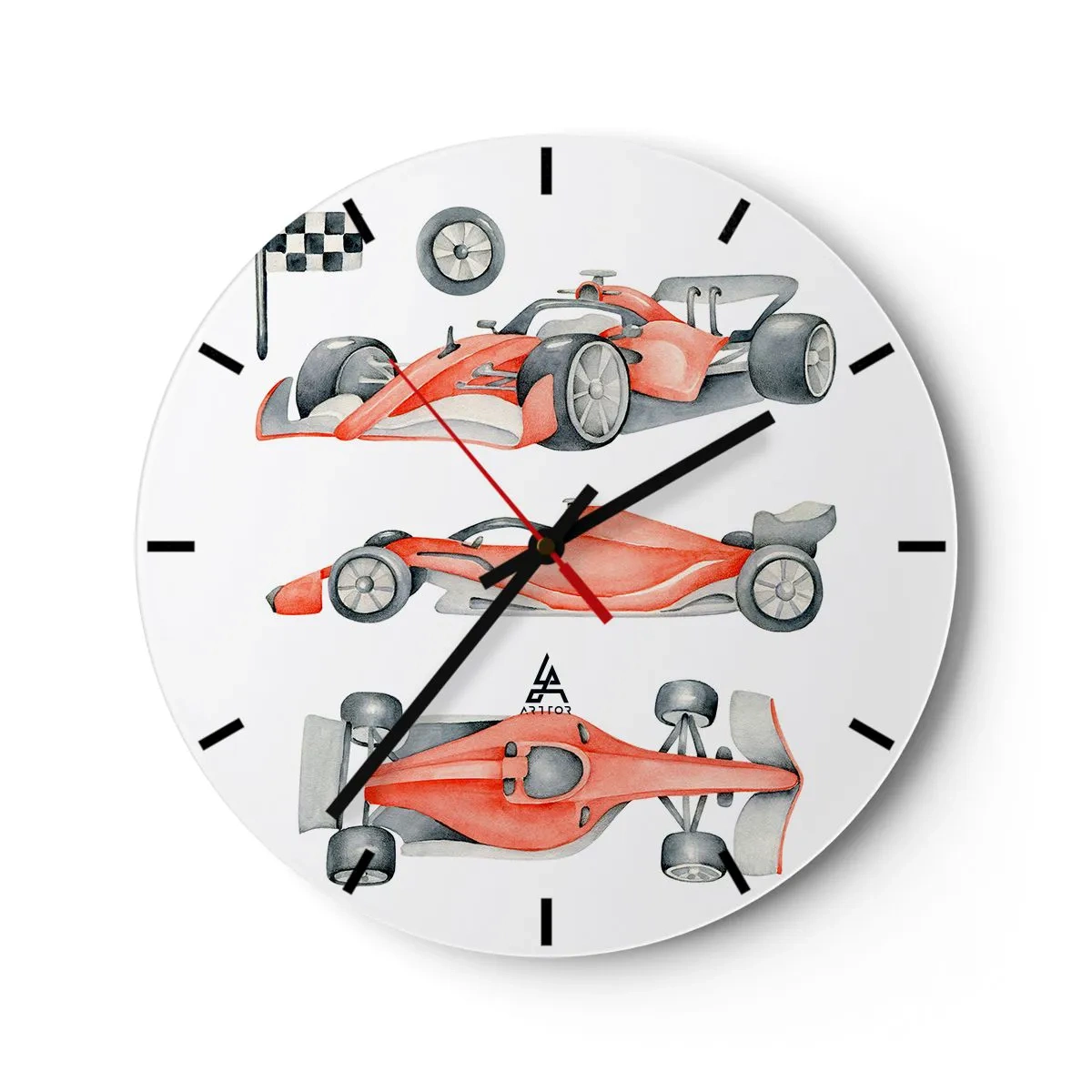 Orologio da parete - Orologio in Vetro - Auto da corsa rosse e una bandiera a scacchi su uno sfondo bianco - 30x30cm - Inseguendo i sogni - Decorazione murale moderna per soggiorno, cucina e camera da letto ARTTOR