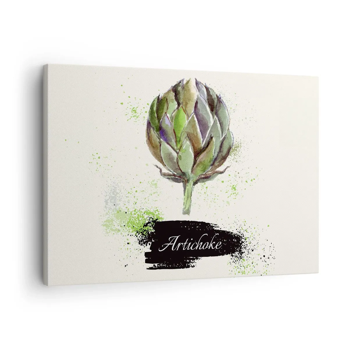 Quadro su tela - Stampe su Tela - Carciofo acquerello con testo su sfondo chiaro con accenti verdi - 70x50cm - Evviva la verdura! - Decorazione murale moderna per soggiorno e camera da letto ARTTOR
