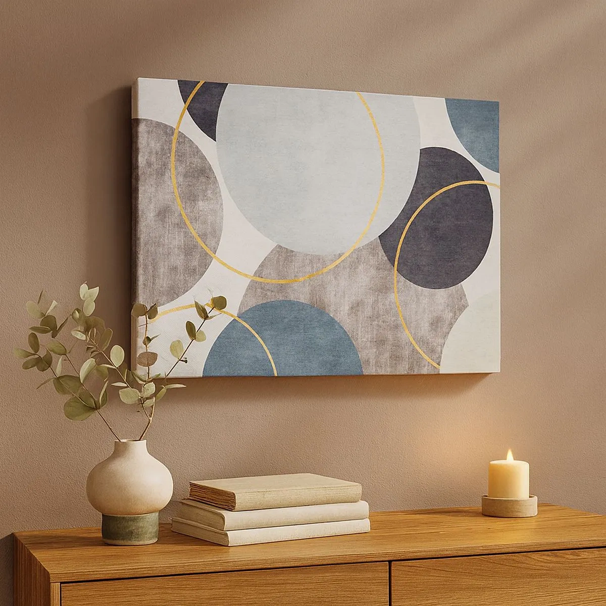 Quadro su tela - Stampe su Tela - Cerchi geometrici nelle tonalità del grigio, blu e oro - 70x50cm - Un cerchio dietro l'altro - Decorazione murale moderna per soggiorno e camera da letto ARTTOR