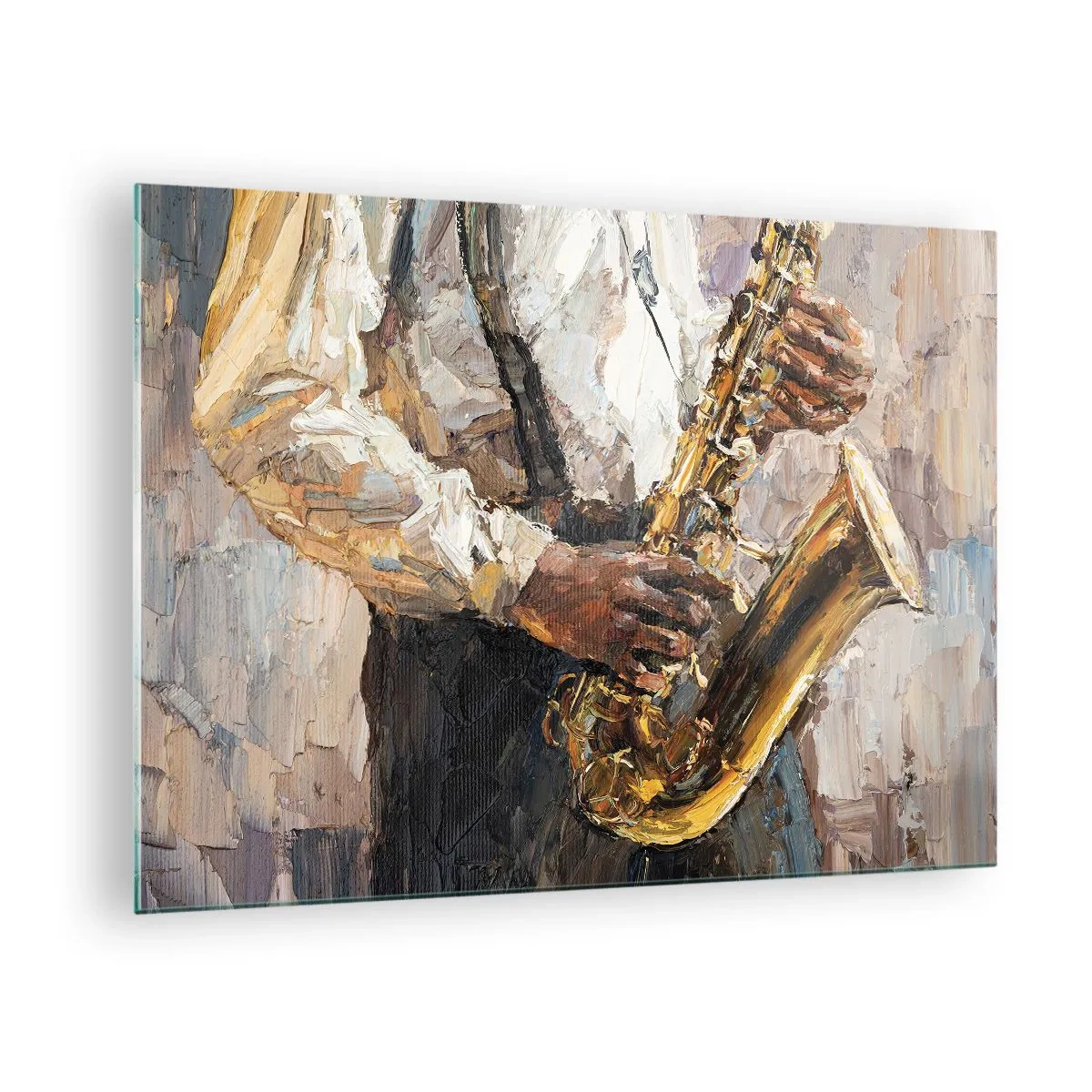 Quadro su vetro - Un musicista che suona il sassofono dipinto utilizzando la tecnica dell'impasto - 70x50cm - Tempo di assolo - Decorazione murale moderna per soggiorno e camera da letto ARTTOR