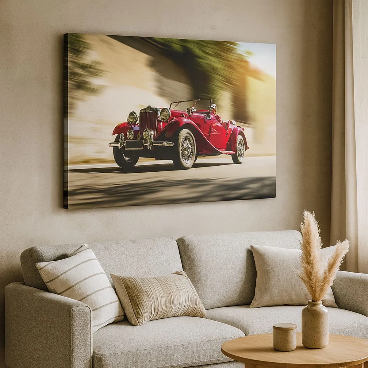 Quadro su tela - Stampe su Tela - Auto d'epoca rossa in movimento su una strada soleggiata - 70x50cm - Più bella della Nike di Samotracia - Decorazione murale moderna per soggiorno e camera da letto ARTTOR