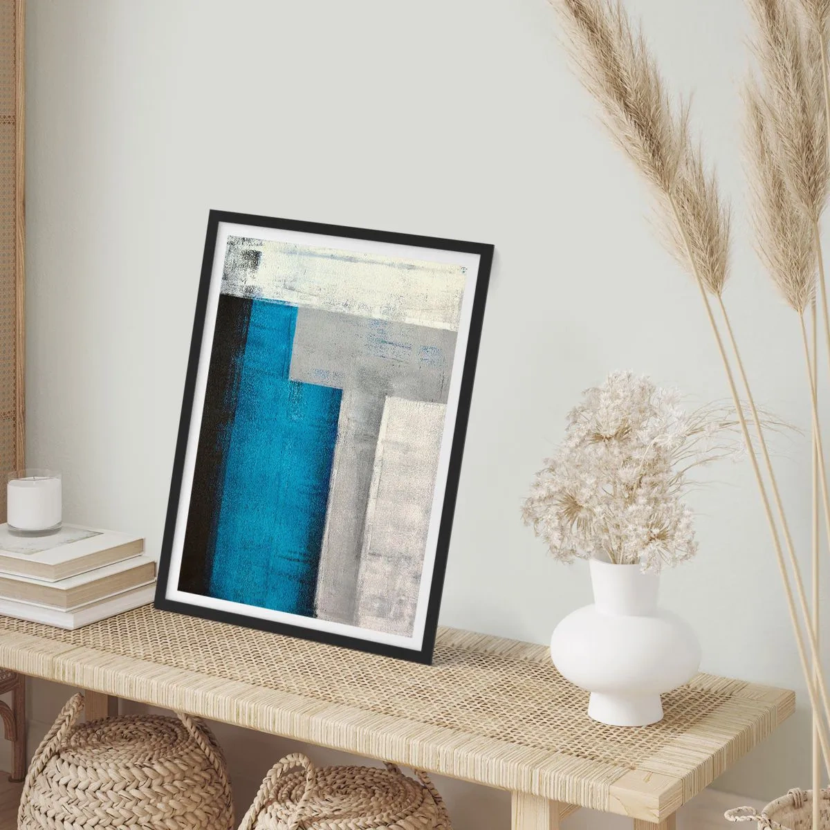Poster in cornice nera - Astrazione geometrica nei toni del blu e del grigio - 50x70cm - Composizione poetica in grigio e blu - Decorazione murale moderna per soggiorno e camera da letto ARTTOR